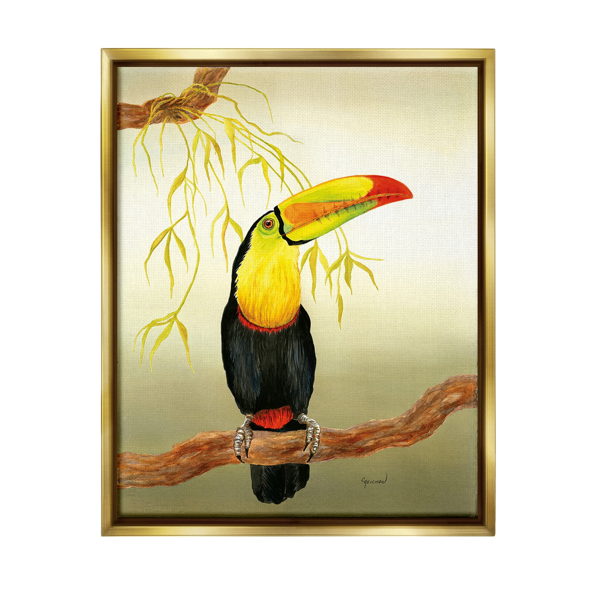 Stupell Industries Toucan on Forest Branch Animals & Insects Painting Gold Floater Framed Canvas Art Print Wall Art, 17 x 21