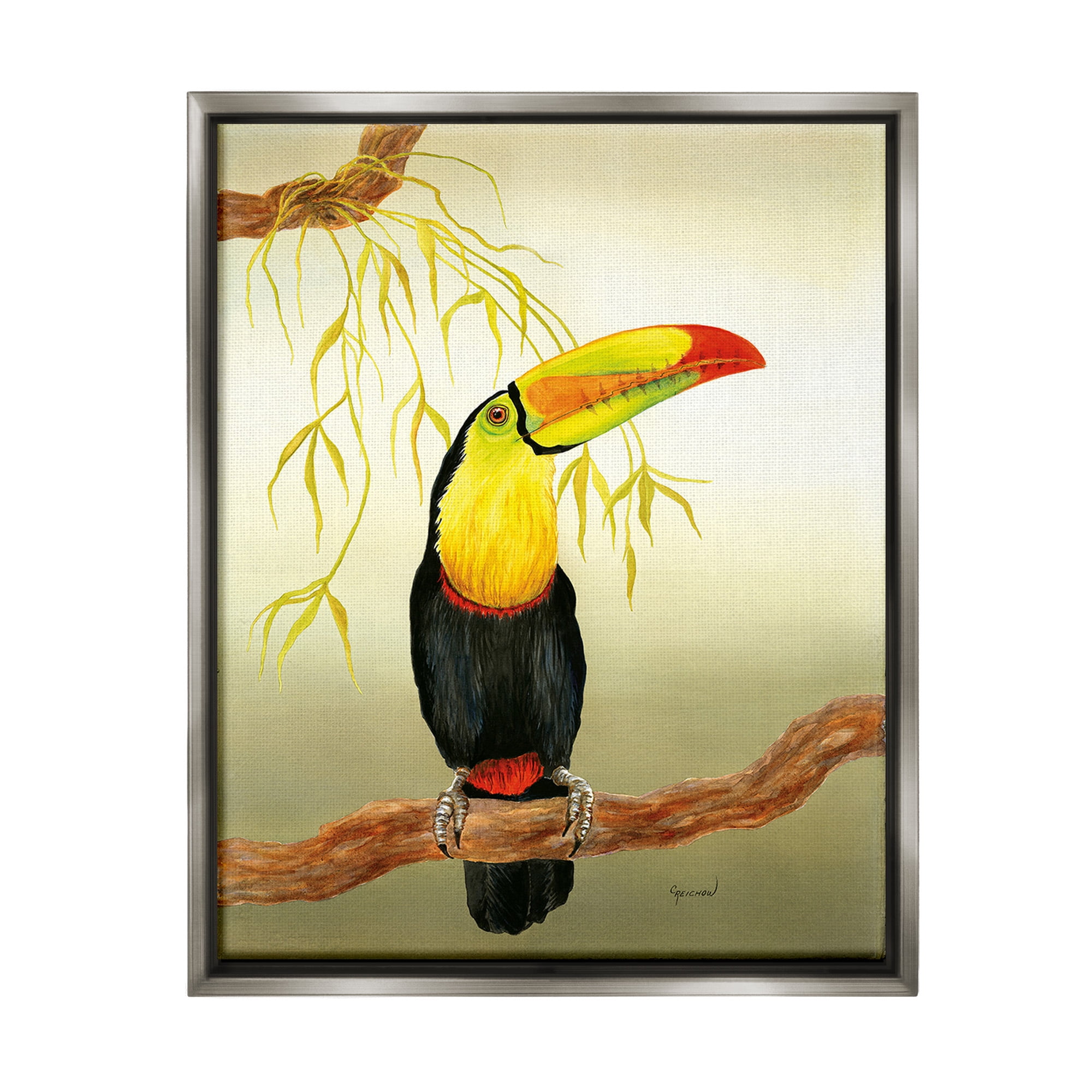 Stupell Industries Toucan on Forest Branch Animals & Insects Painting Gray Floater Framed Canvas Art Print Wall Art, 25 x 31