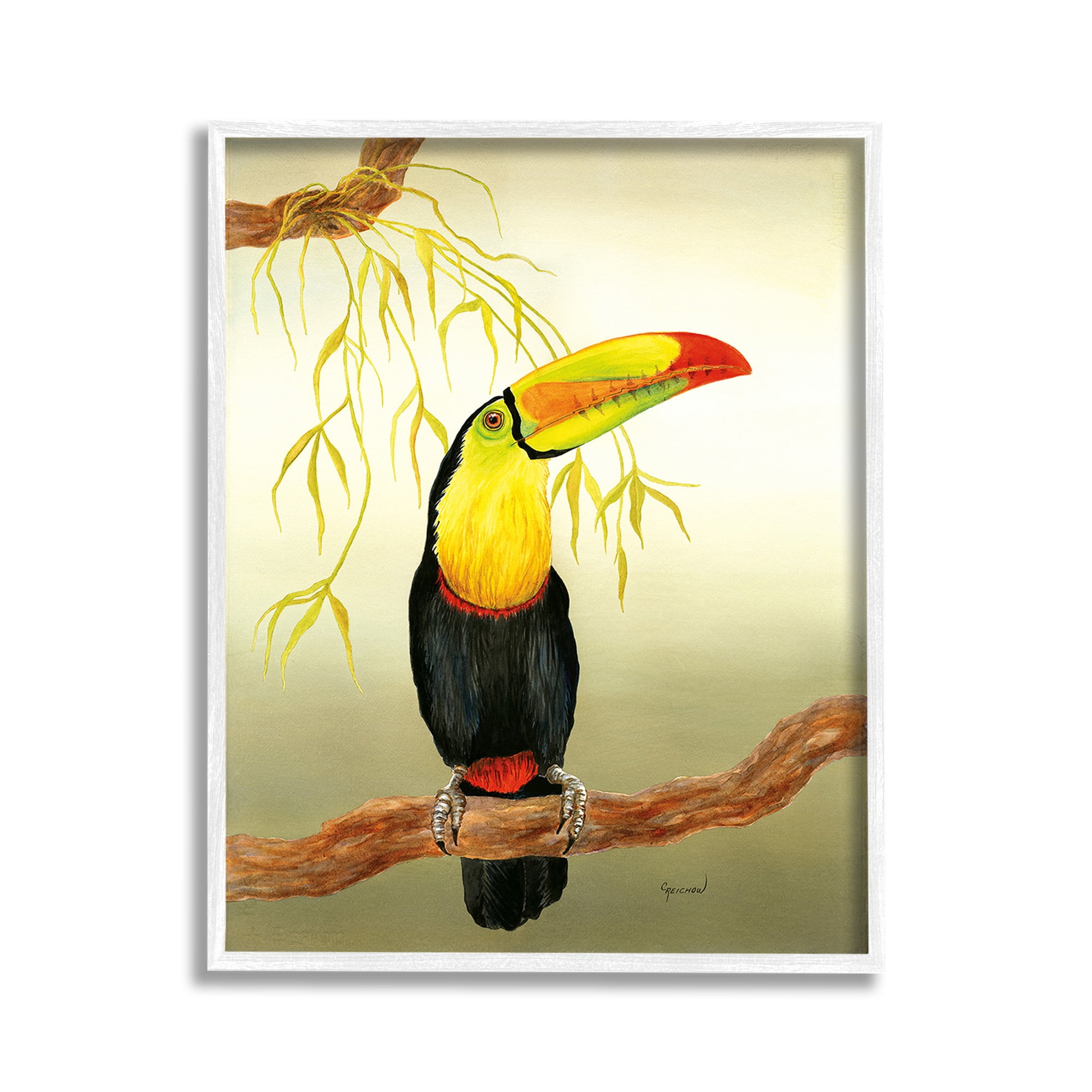 Stupell Industries Toucan on Forest Branch Animals & Insects Painting White Framed Art Print Wall Art, 11 x 14