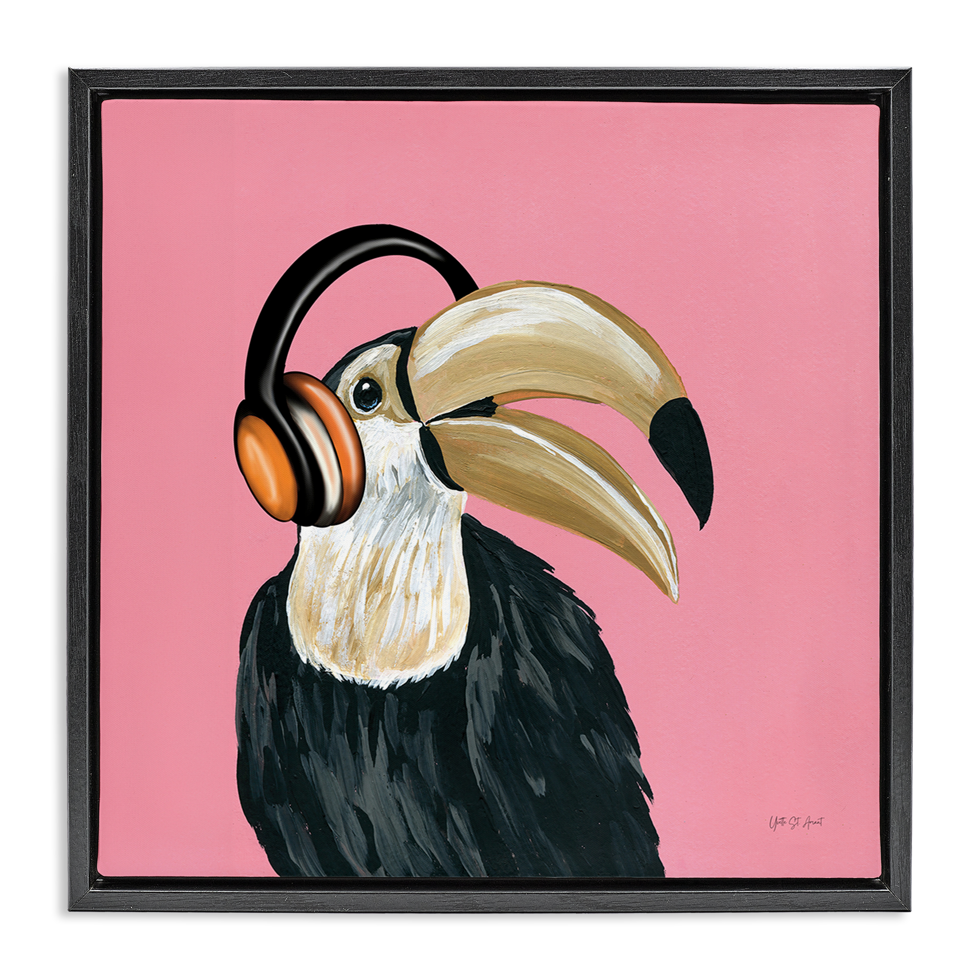 Stupell Industries Toucan with Headphones Entertainment Painting Black Floater Framed Canvas Art Print Wall Art, 25 x 25