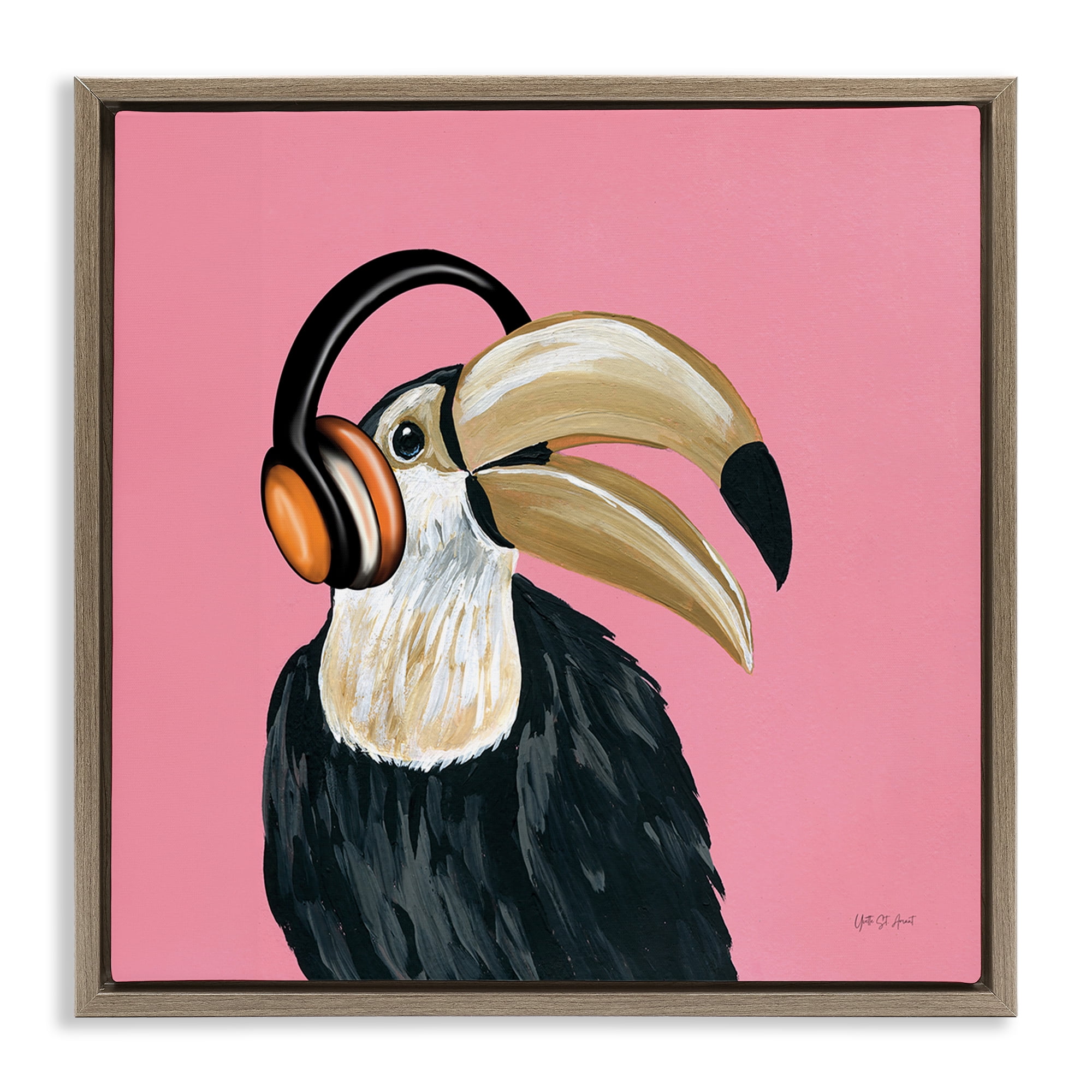 Stupell Industries Toucan with Headphones Entertainment Painting Brown Floater Framed Canvas Art Print Wall Art, 18 x 18
