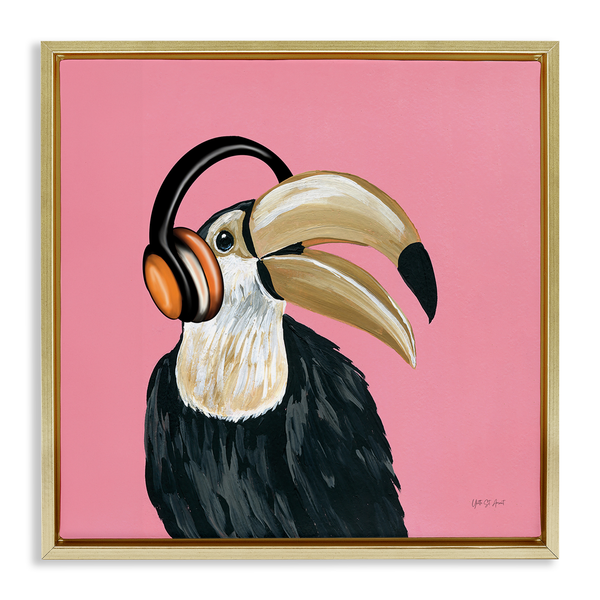 Stupell Industries Toucan with Headphones Entertainment Painting Gold Floater Framed Canvas Art Print Wall Art, 25 x 25