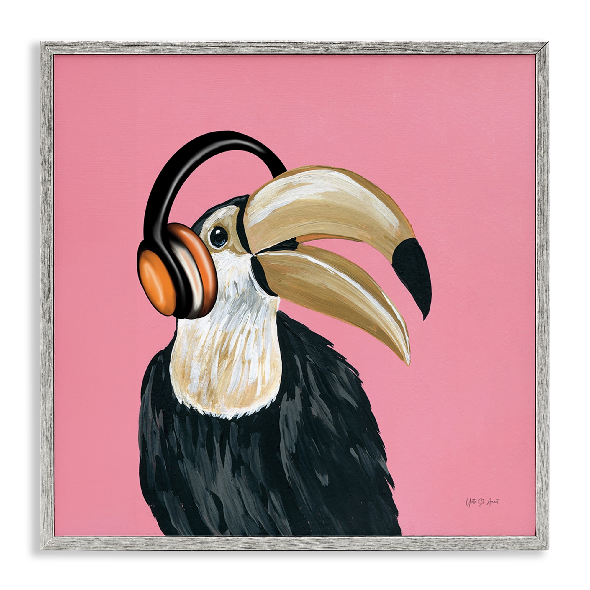 Stupell Industries Toucan with Headphones Entertainment Painting Gray Framed Art Print Wall Art, 12 x 12