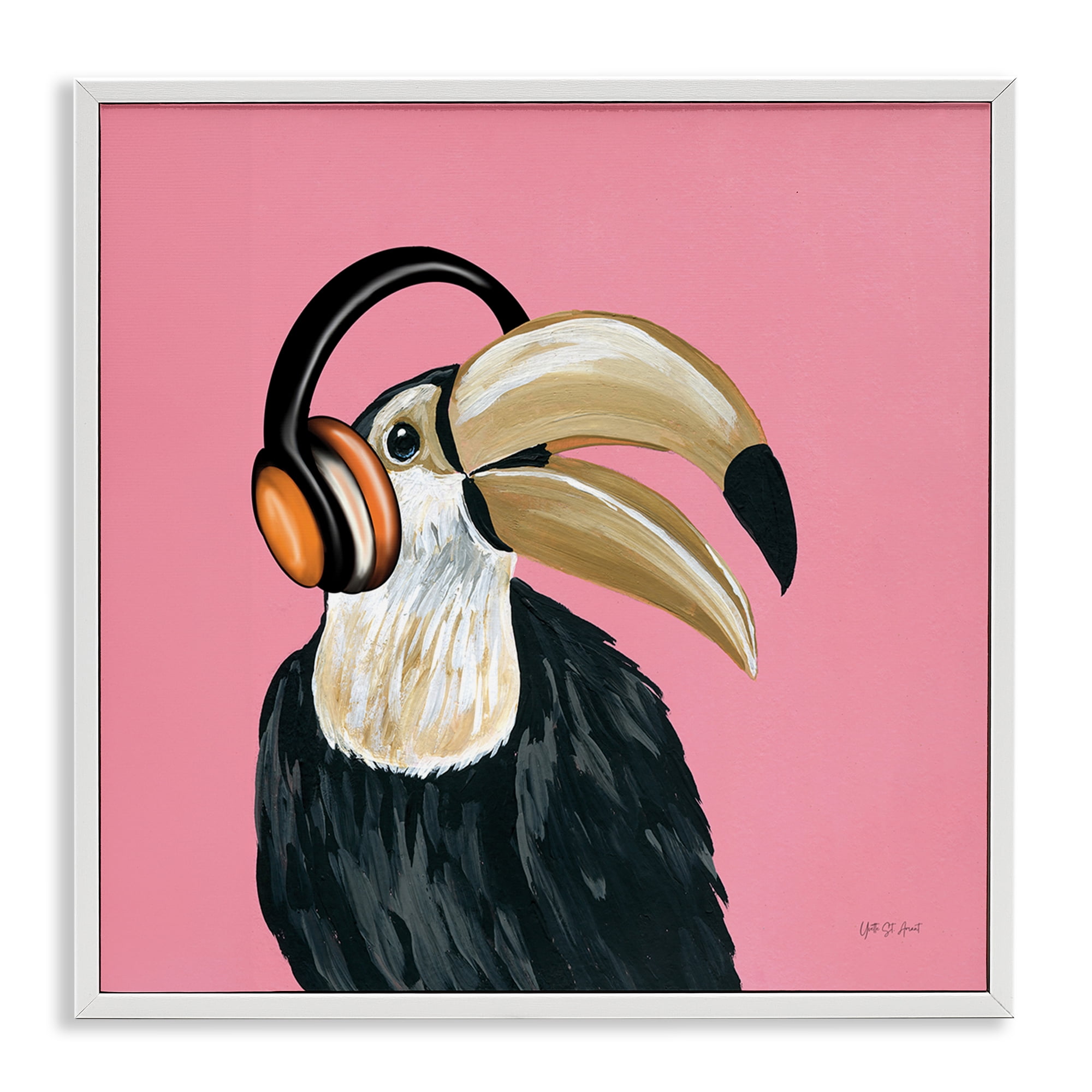 Stupell Industries Toucan with Headphones Entertainment Painting White Framed Art Print Wall Art, 12 x 12
