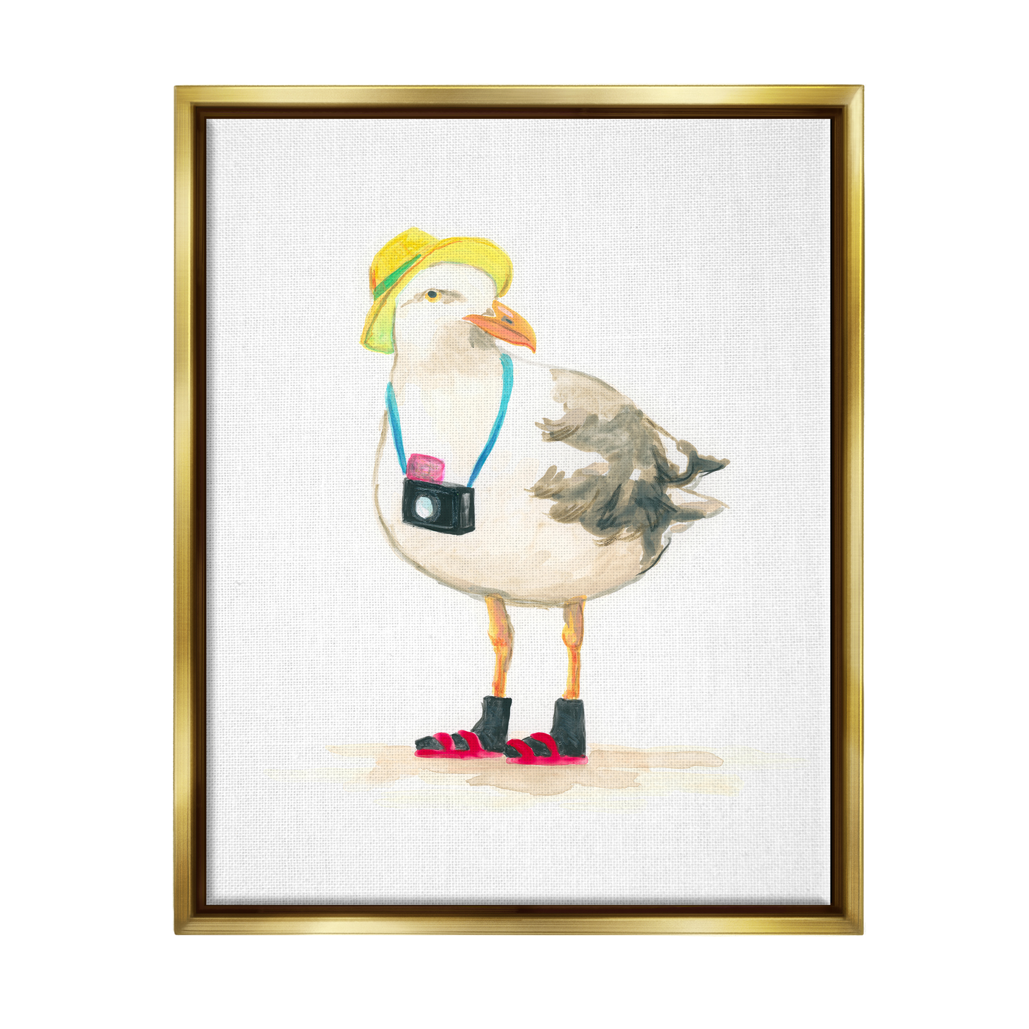 Stupell Industries Tourist Seagull & Camera Animals & Insects Painting Gold Floater Framed Canvas Art Print Wall Art, 25 x 31