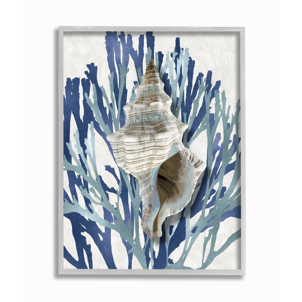 Stupell Industries Tower Shell Coral Blue Beach Design Framed Wall Art Print by Caroline Kelly