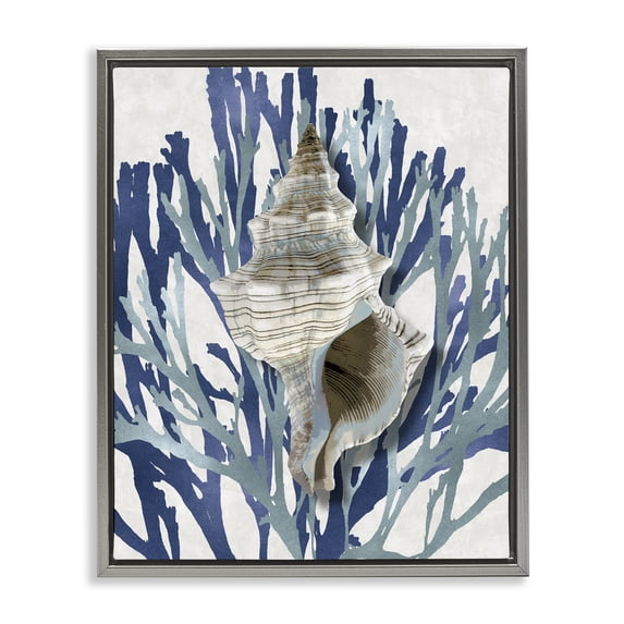 Stupell Industries Contemporary Tower Shell Coral Blue Beach Gray Floating Frame Canvas Art, 25 x 31, by Caroline Kelly