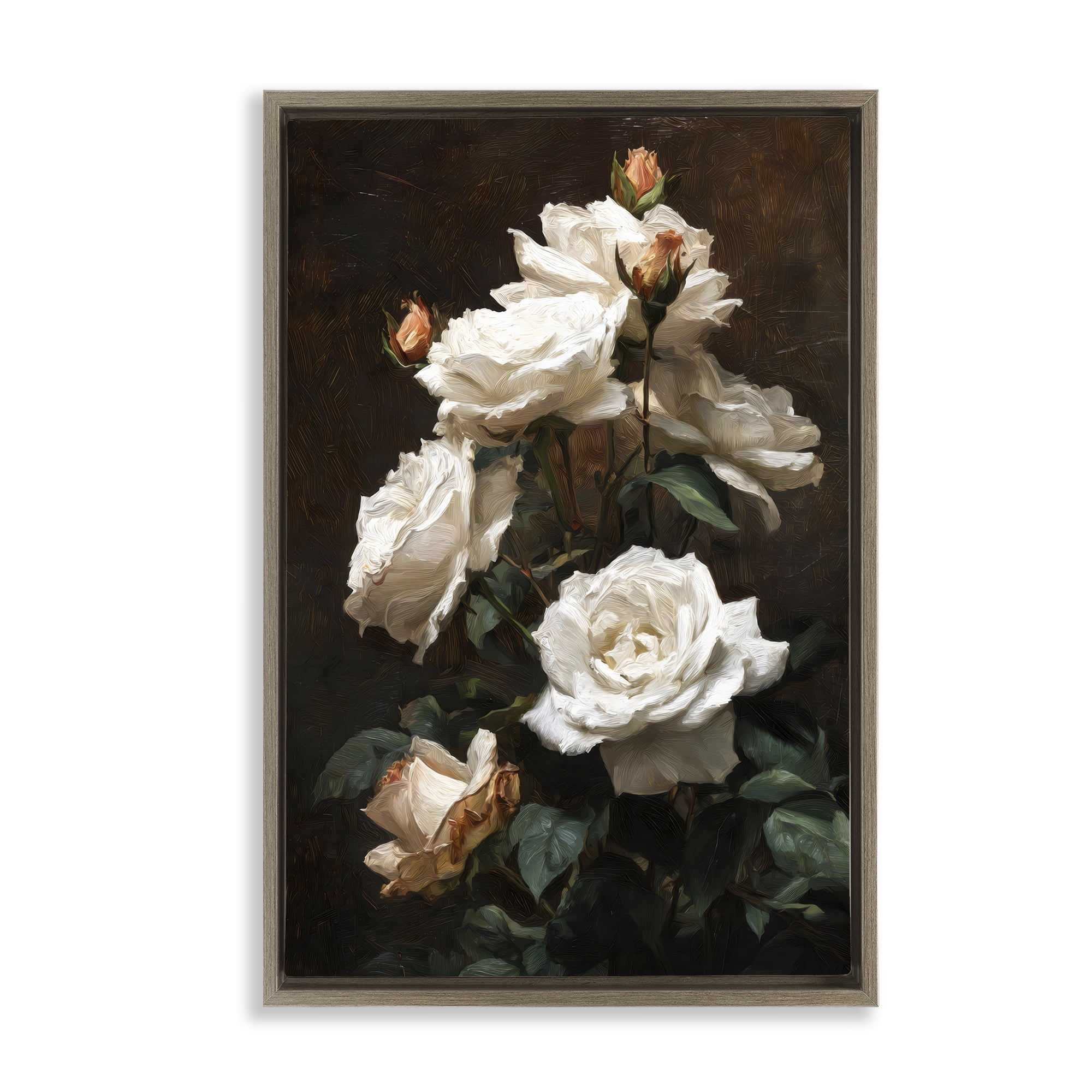 Stupell Industries Tower of White Roses Brown Framed Floater Canvas Wall Art, design by Petal Prints Design