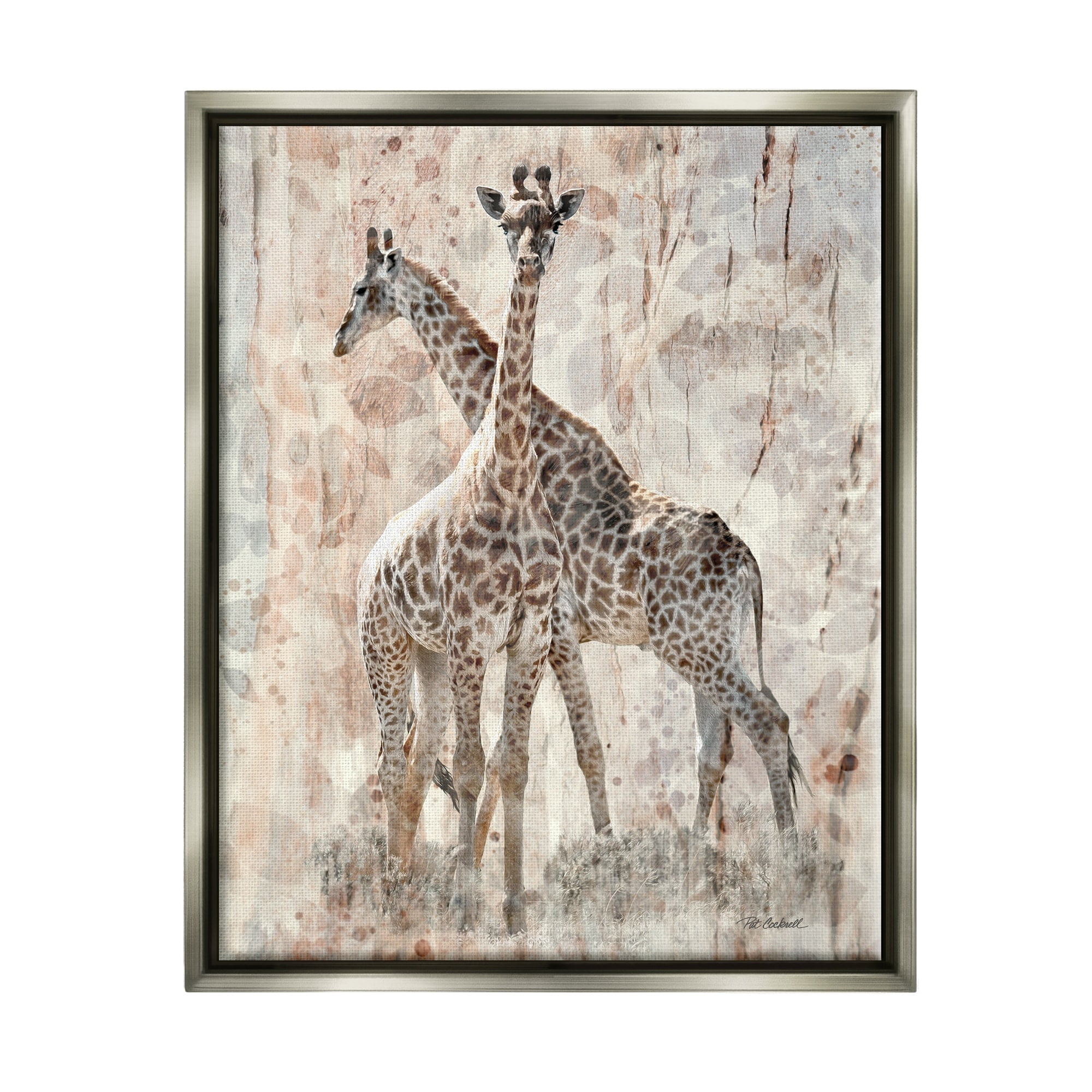 Stupell Industries Towering Giraffes Pair Overlay Spotted Pattern Design Graphic Art Luster Gray Floating Framed Canvas Print Wall Art, Design by unknown