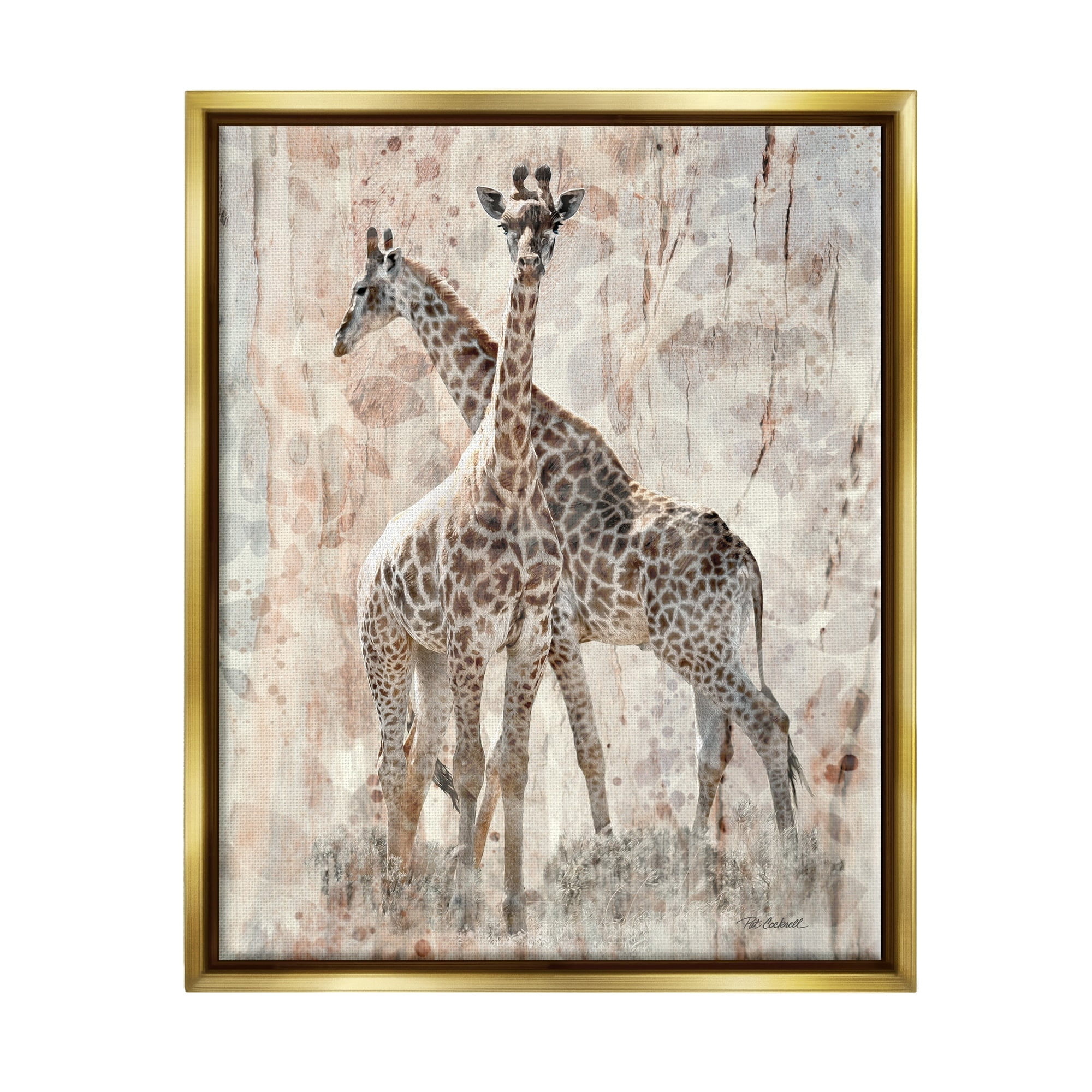 Stupell Industries Towering Giraffes Pair Overlay Spotted Pattern Design Graphic Art Metallic Gold Floating Framed Canvas Print Wall Art, Design by unknown