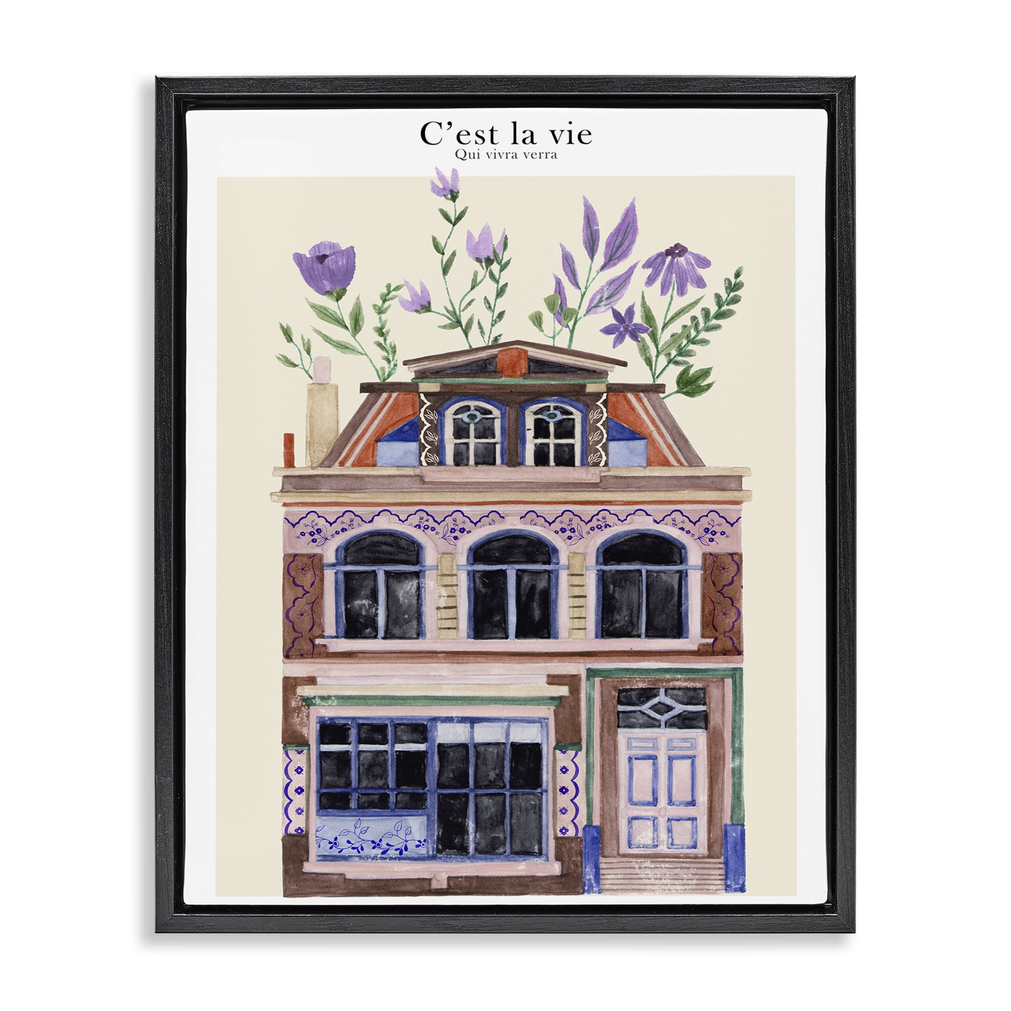Stupell Industries Town Architecture with Blooms Buildings & Architecture Painting Black Floater Framed Canvas Art Print Wall Art, 17 x 21