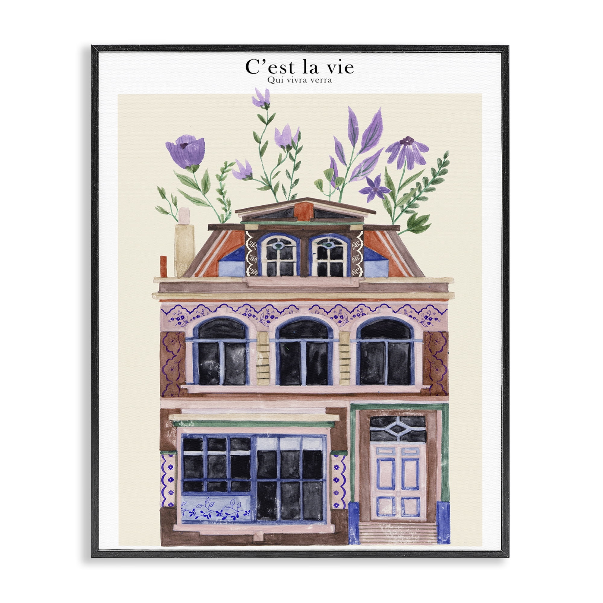 Stupell Industries Town Architecture with Blooms Buildings & Architecture Painting Black Framed Art Print Wall Art, 16 x 20