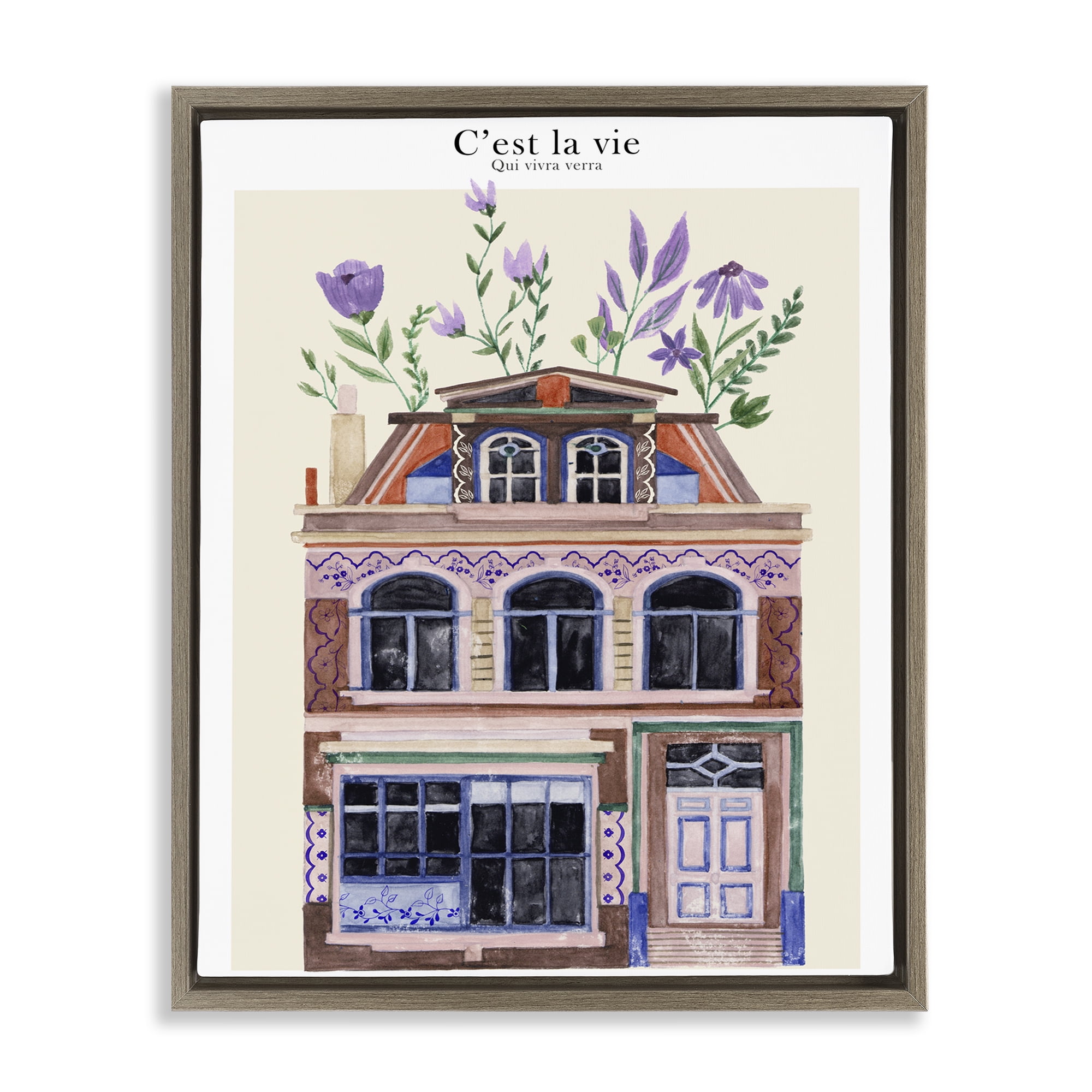 Stupell Industries Town Architecture with Blooms Buildings & Architecture Painting Brown Floater Framed Canvas Art Print Wall Art, 17 x 21