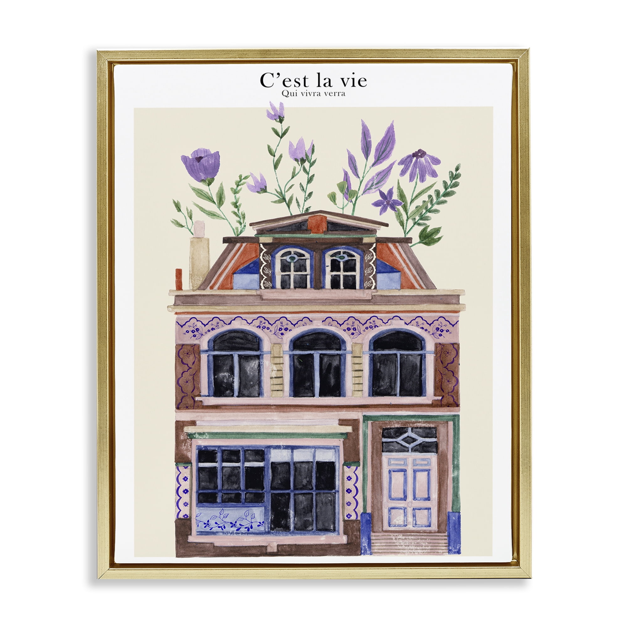 Stupell Industries Town Architecture with Blooms Buildings & Architecture Painting Gold Floater Framed Canvas Art Print Wall Art, 17 x 21