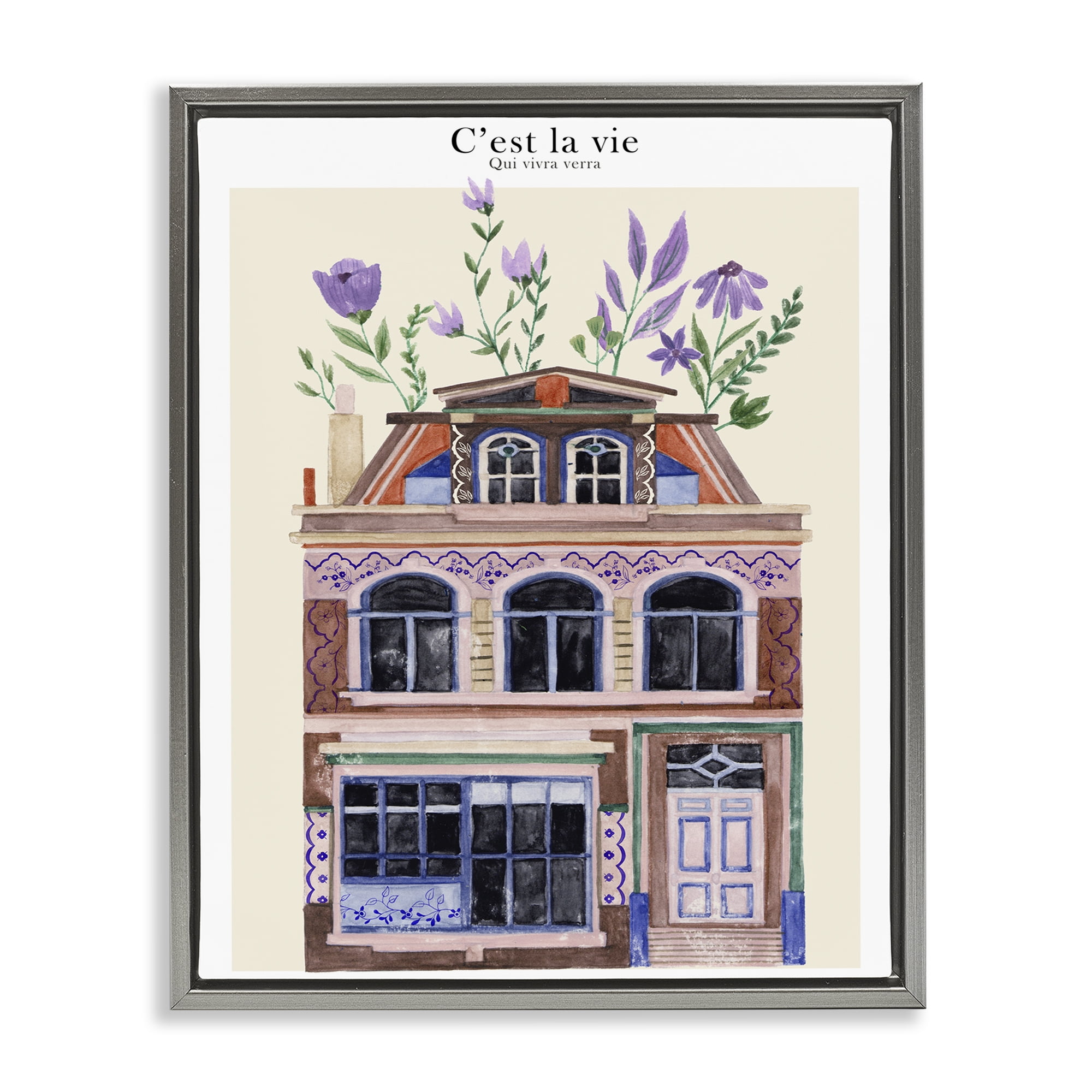 Stupell Industries Town Architecture with Blooms Buildings & Architecture Painting Gray Floater Framed Canvas Art Print Wall Art, 25 x 31