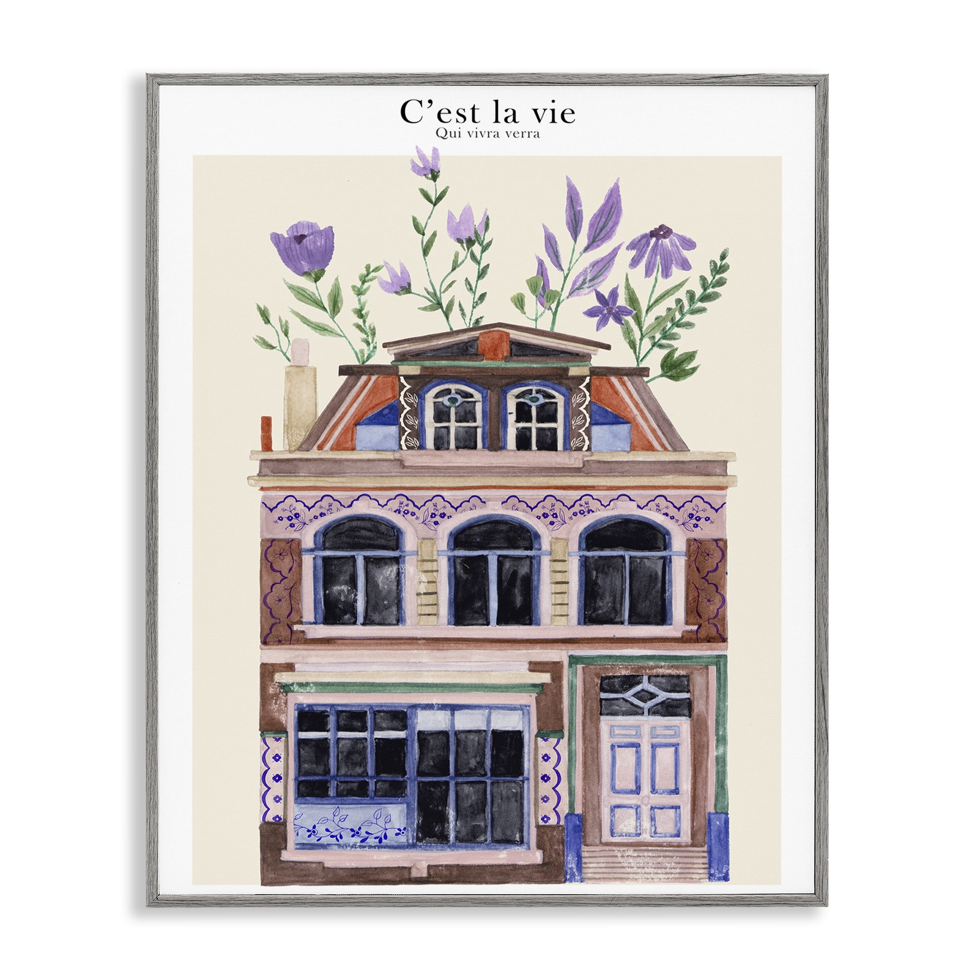 Stupell Industries Town Architecture with Blooms Buildings & Architecture Painting Gray Framed Art Print Wall Art, 16 x 20