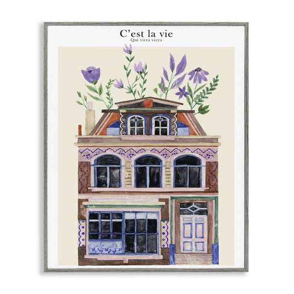 Stupell Industries Town Architecture with Blooms Buildings & Architecture Painting Gray Framed Art Print Wall Art, 24 x 30