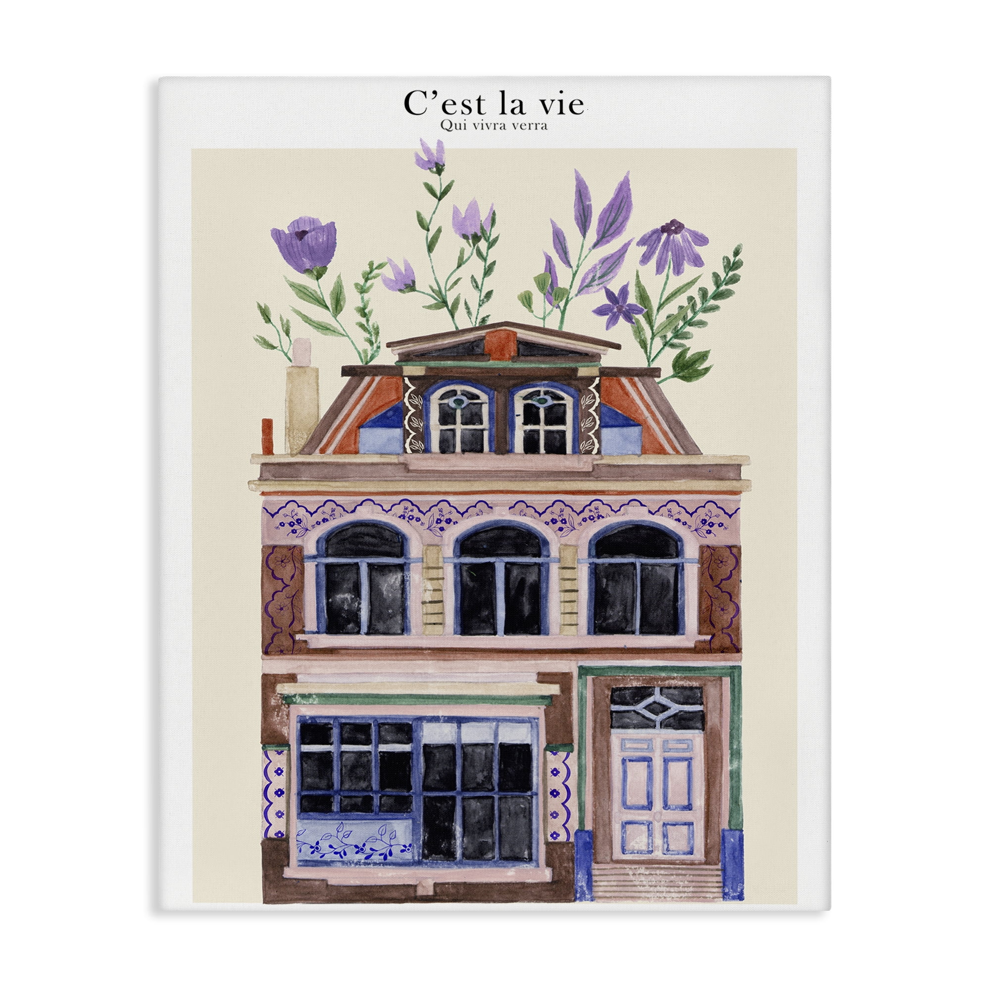 Stupell Industries Town Architecture with Blooms Buildings & Architecture Painting Wrapped Canvas Art Print Wall Art, 36 x 48