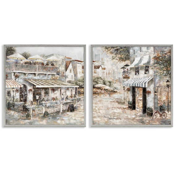 Stupell Industries Town Bistros Architecture Scenic & Cityscapes Painting Gray Framed Art Print Wall Art, 17 x 17, Set of 2