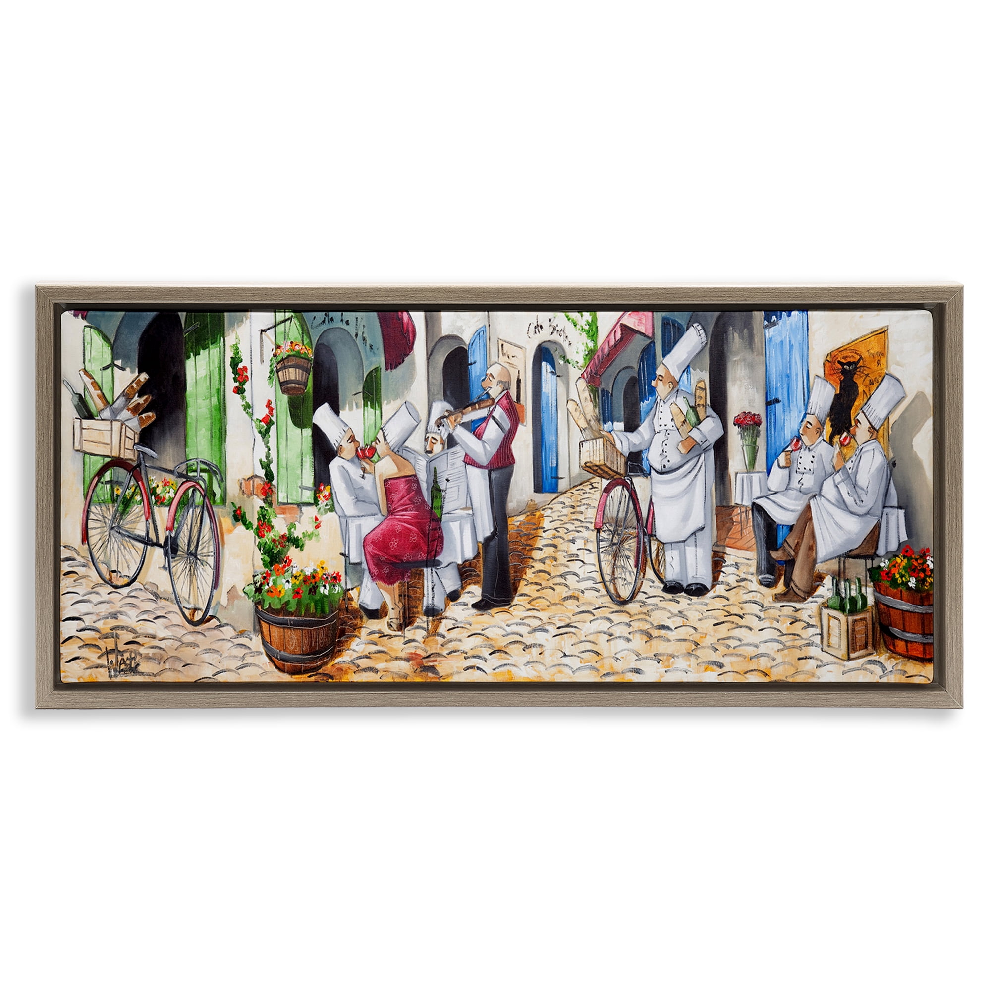 Stupell Industries Town Café Chefs Scenery Painting Brown Floater Framed Art Print Wall Art, 31 x 14