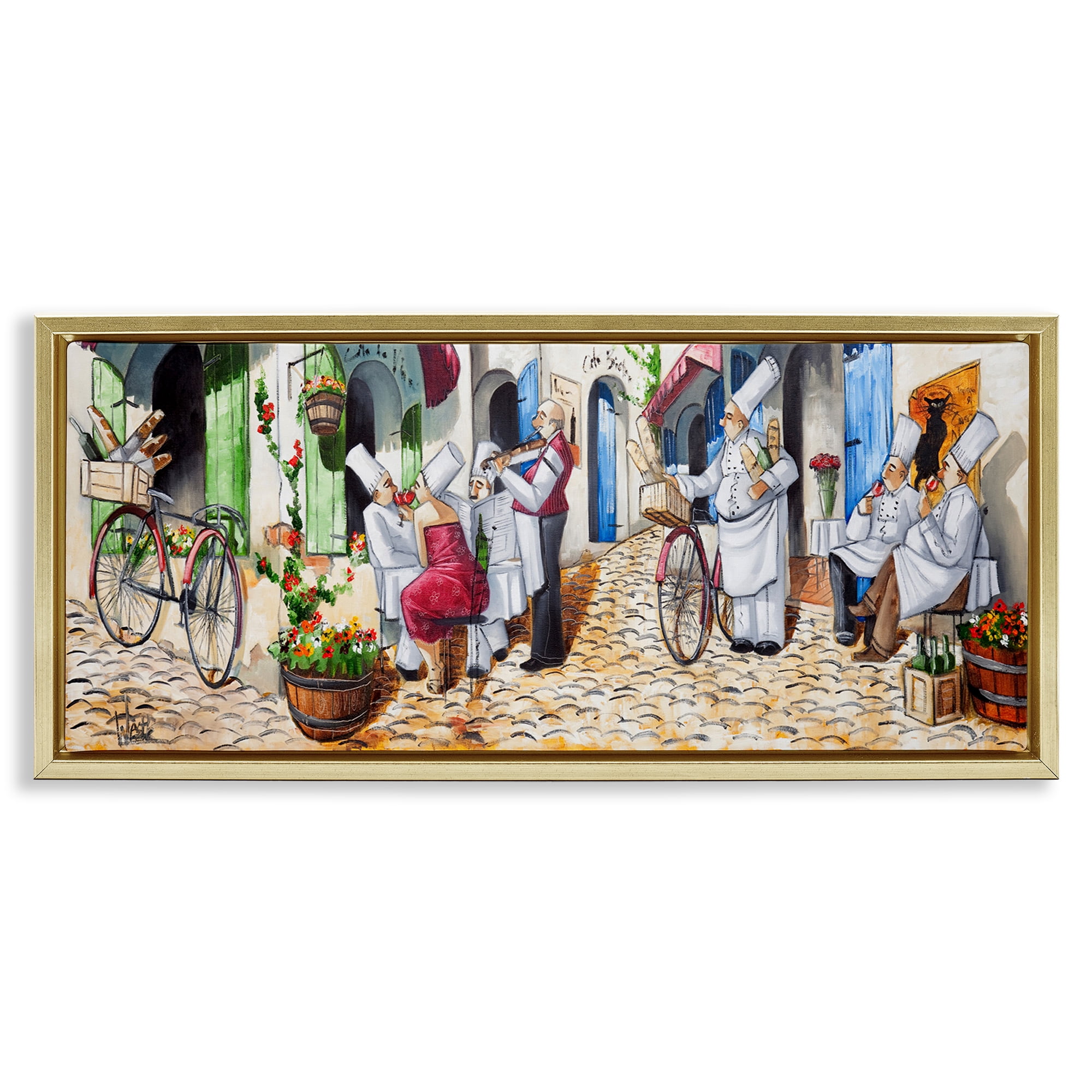 Stupell Industries Town Café Chefs Scenery Painting Gold Floater Framed Art Print Wall Art, 25 x 11