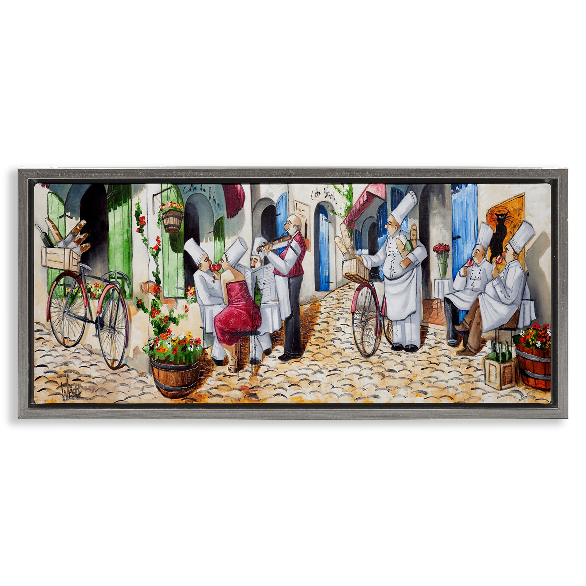 Stupell Industries Town Café Chefs Scenery Painting Gray Floater Framed Art Print Wall Art, 25 x 11