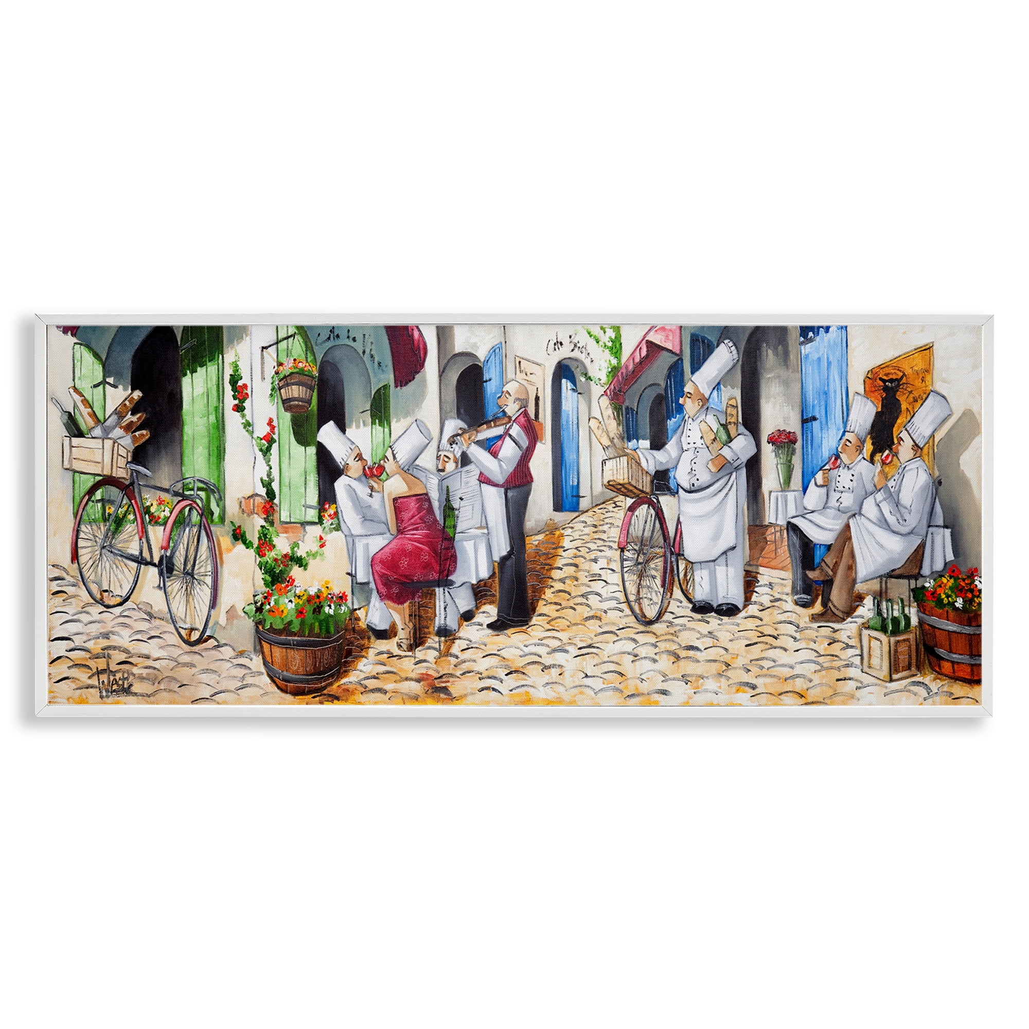 Stupell Industries Town Café Chefs Scenery Painting White Framed Art Print Wall Art, 30 x 13