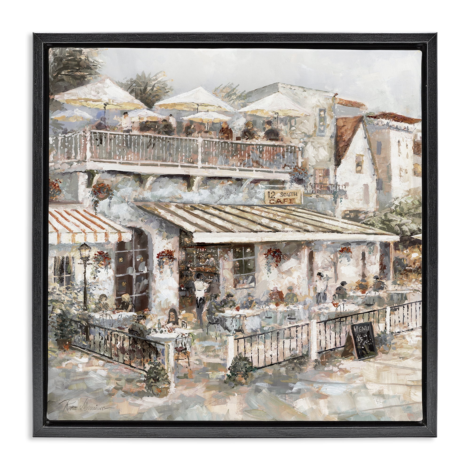 Stupell Industries Town Café Patio Scenic & Cityscapes Painting Black Floater Framed Canvas Art Print Wall Art, 18 x 18