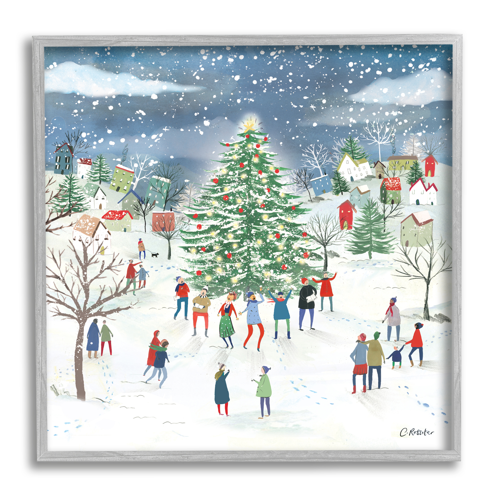 Stupell Industries Town Christmas Tree Celebration Holiday Painting Gray Framed Art Print Wall Art