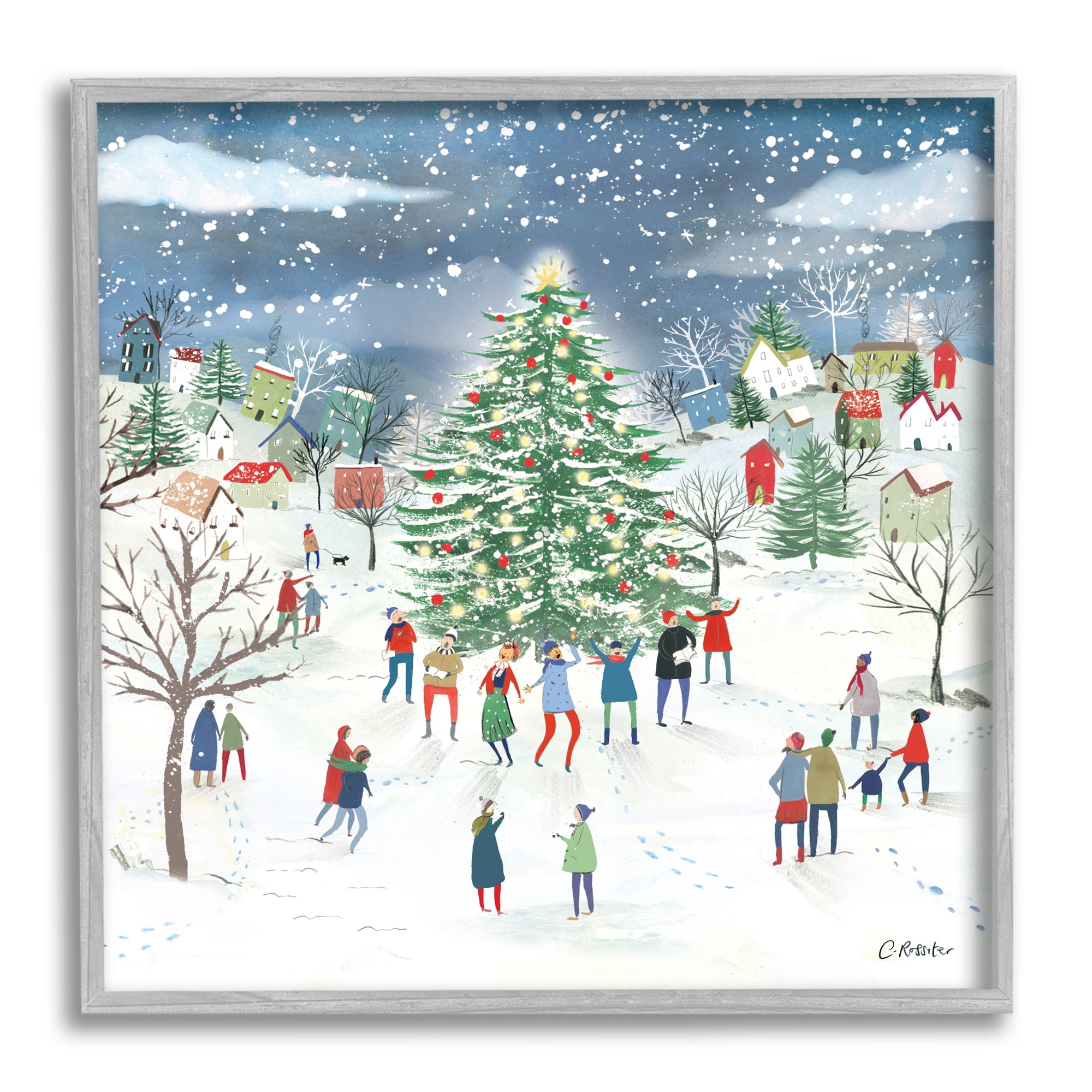 Stupell Industries Town Christmas Tree Celebration Holiday Painting Gray Framed Art Print Wall Art