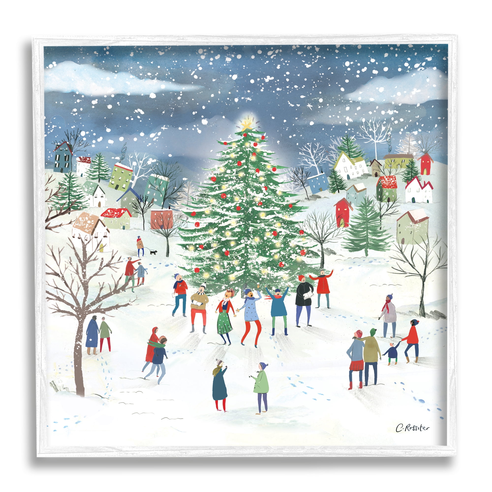 Stupell Industries Town Christmas Tree Celebration Holiday Painting White Framed Art Print Wall Art