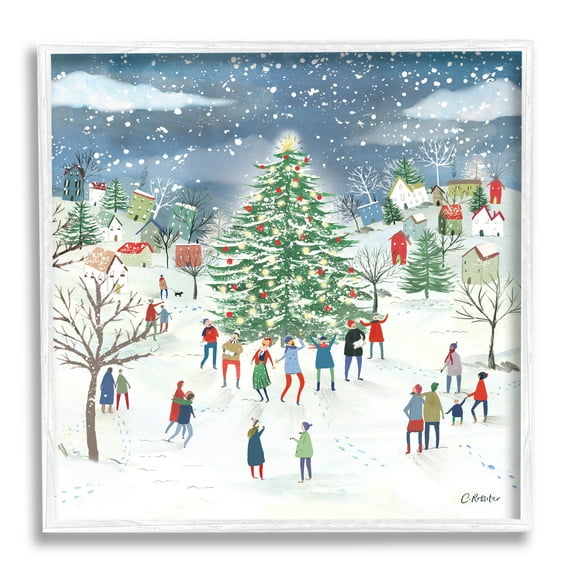 Stupell Industries Town Christmas Tree Celebration Holiday Painting White Framed Art Print Wall Art