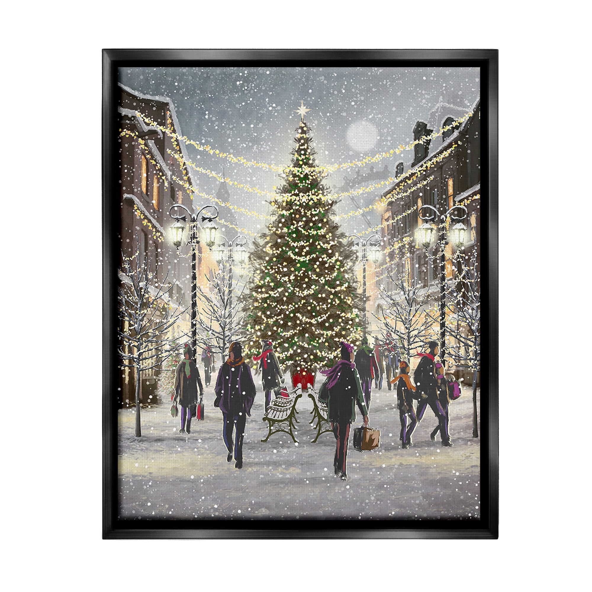 Stupell Industries Town Christmas Tree Holiday Painting Black Floater Framed Canvas Art Print Wall Art, 17 x 21