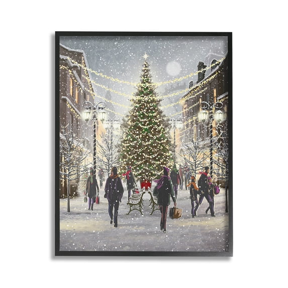 Stupell Industries Town Christmas Tree Holiday Painting Black Framed Art Print Wall Art, 16 x 20