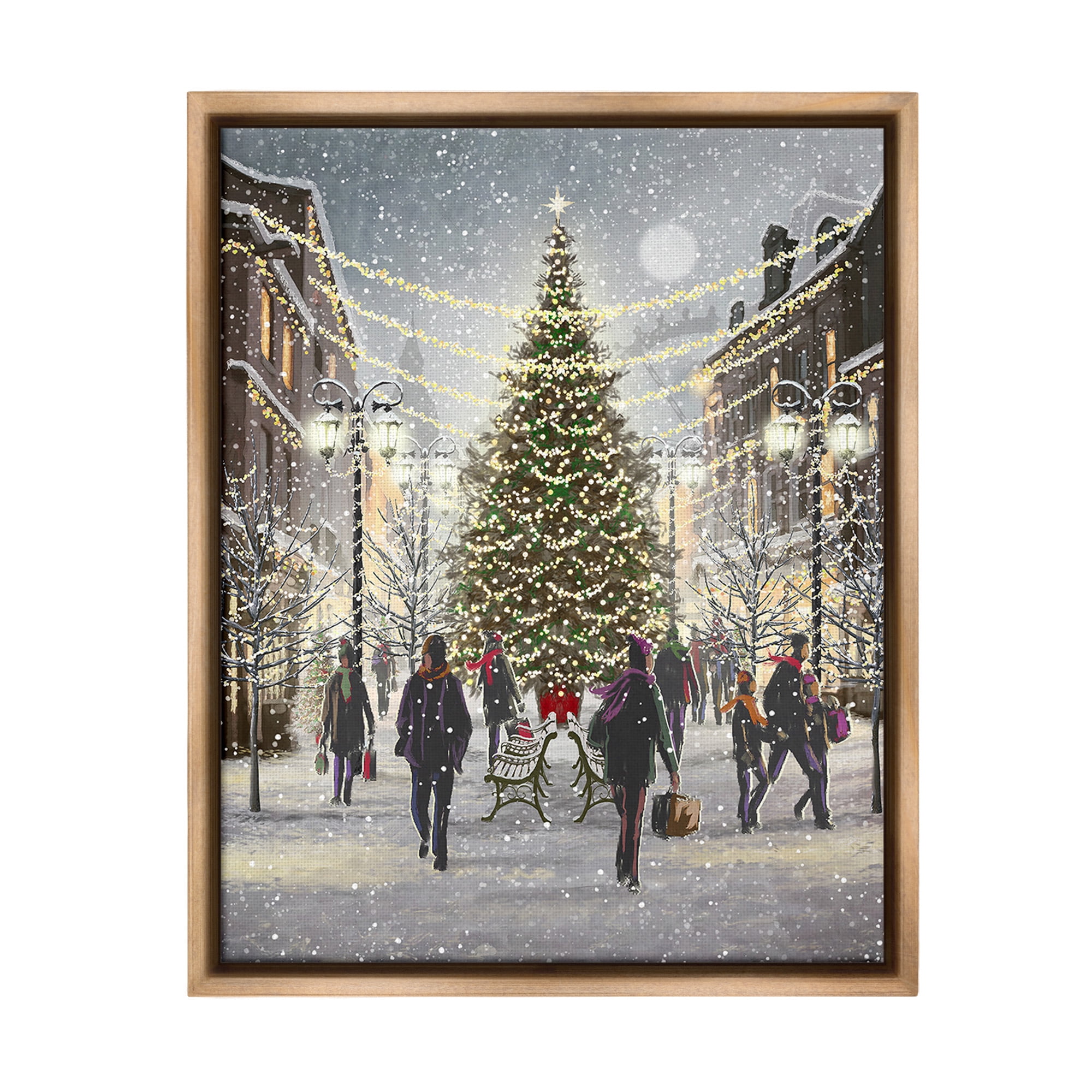 Stupell Industries Town Christmas Tree Holiday Painting Brown Floater Framed Canvas Art Print Wall Art, 17 x 21