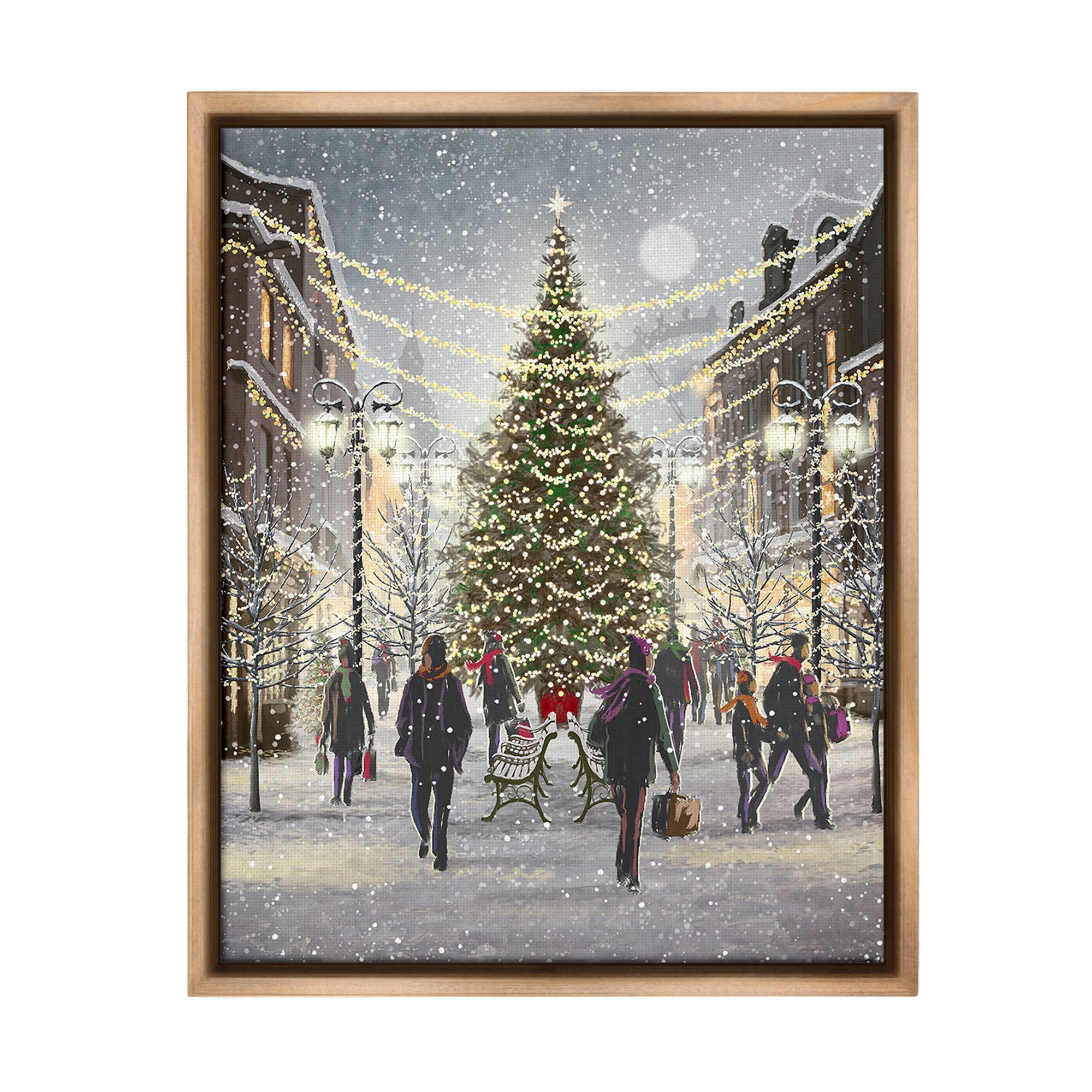 Stupell Industries Town Christmas Tree Holiday Painting Brown Floater Framed Canvas Art Print Wall Art, 25 x 31