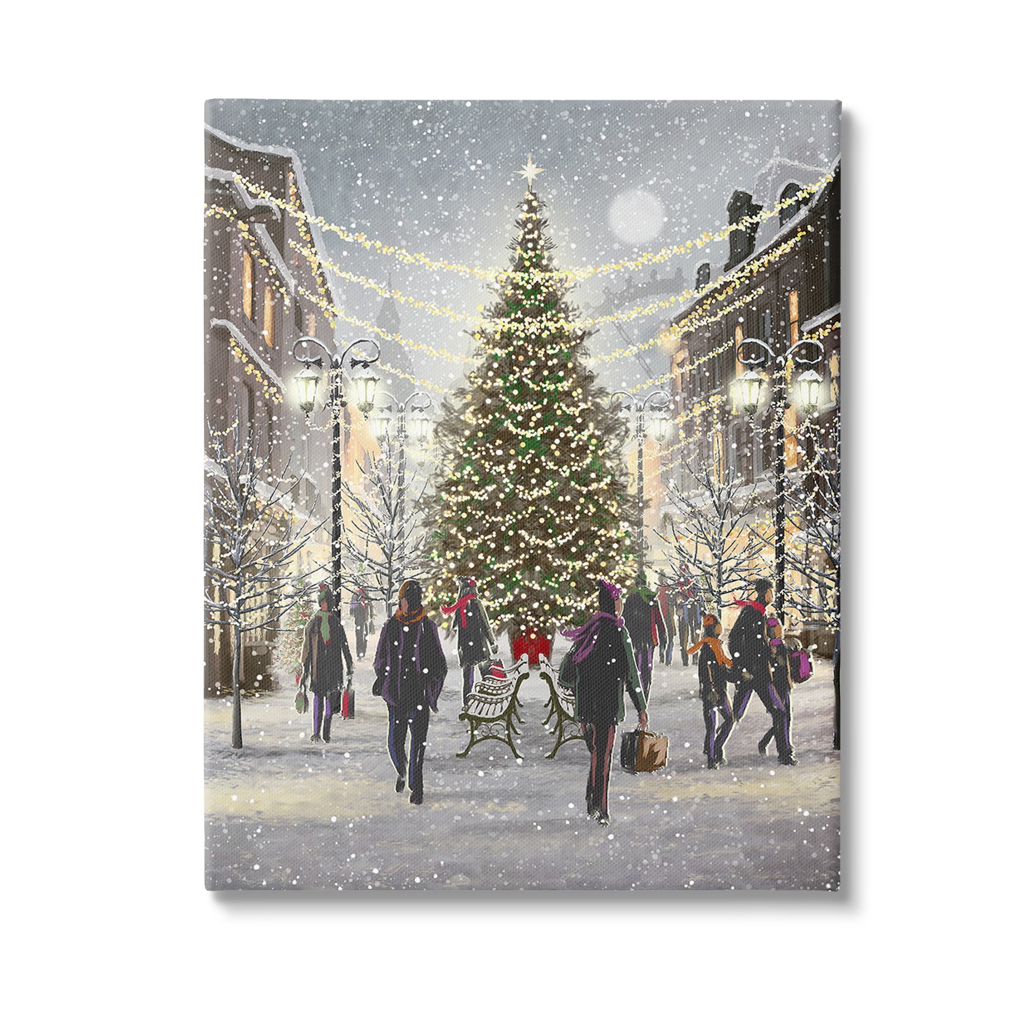 Stupell Industries Town Christmas Tree Holiday Painting Gallery Wrapped Canvas Art Print Wall Art, 36 x 48