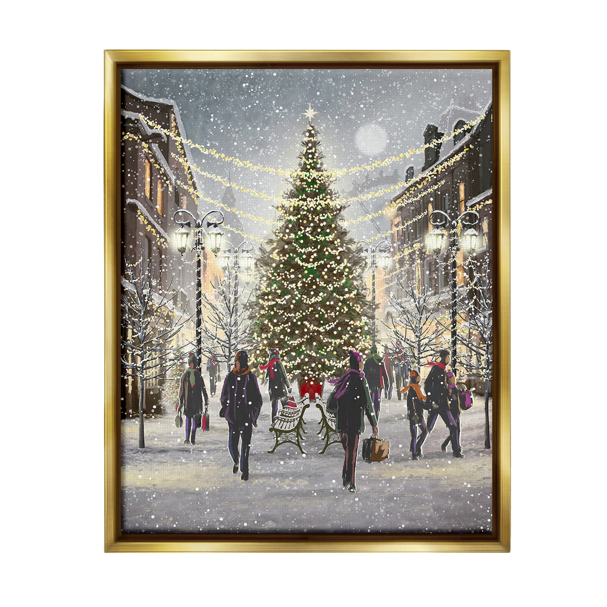Stupell Industries Town Christmas Tree Holiday Painting Gold Floater Framed Canvas Art Print Wall Art, 17 x 21