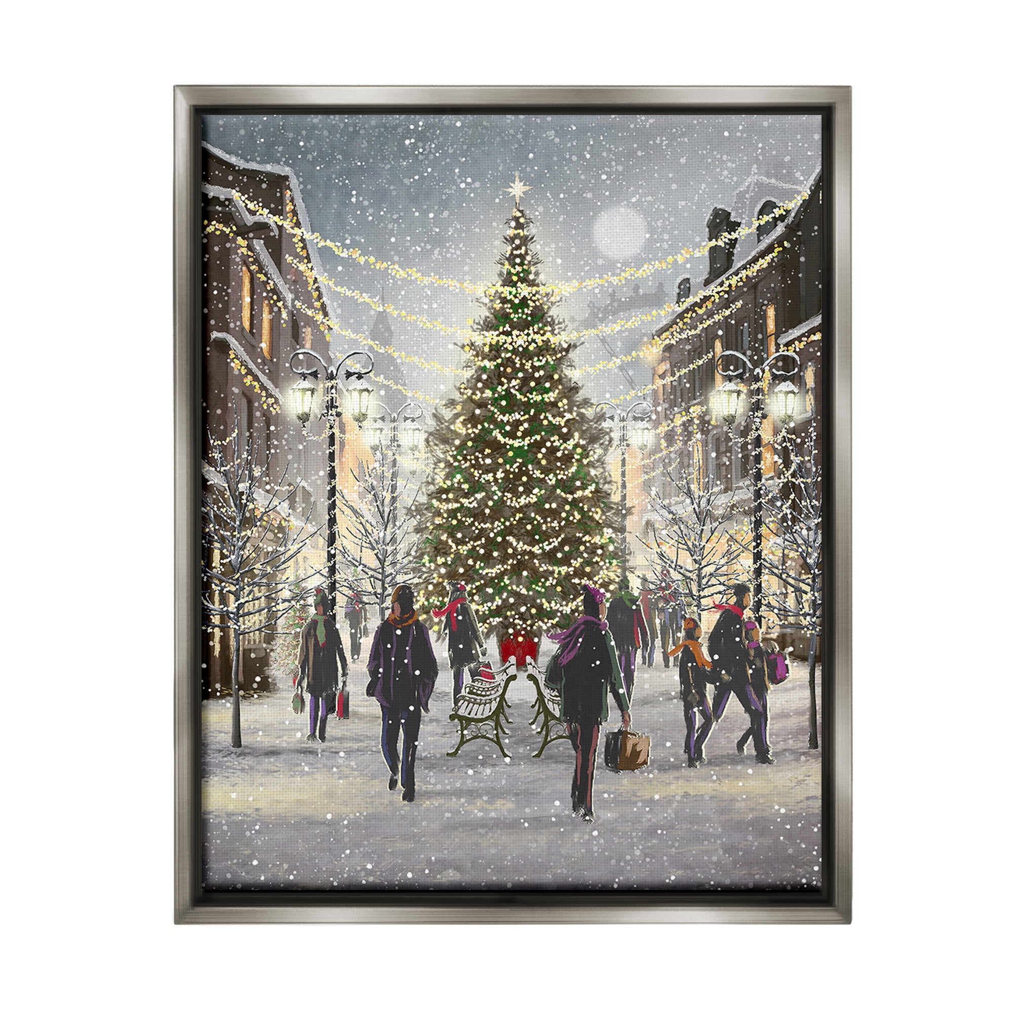 Stupell Industries Town Christmas Tree Holiday Painting Gray Floater Framed Canvas Art Print Wall Art, 17 x 21