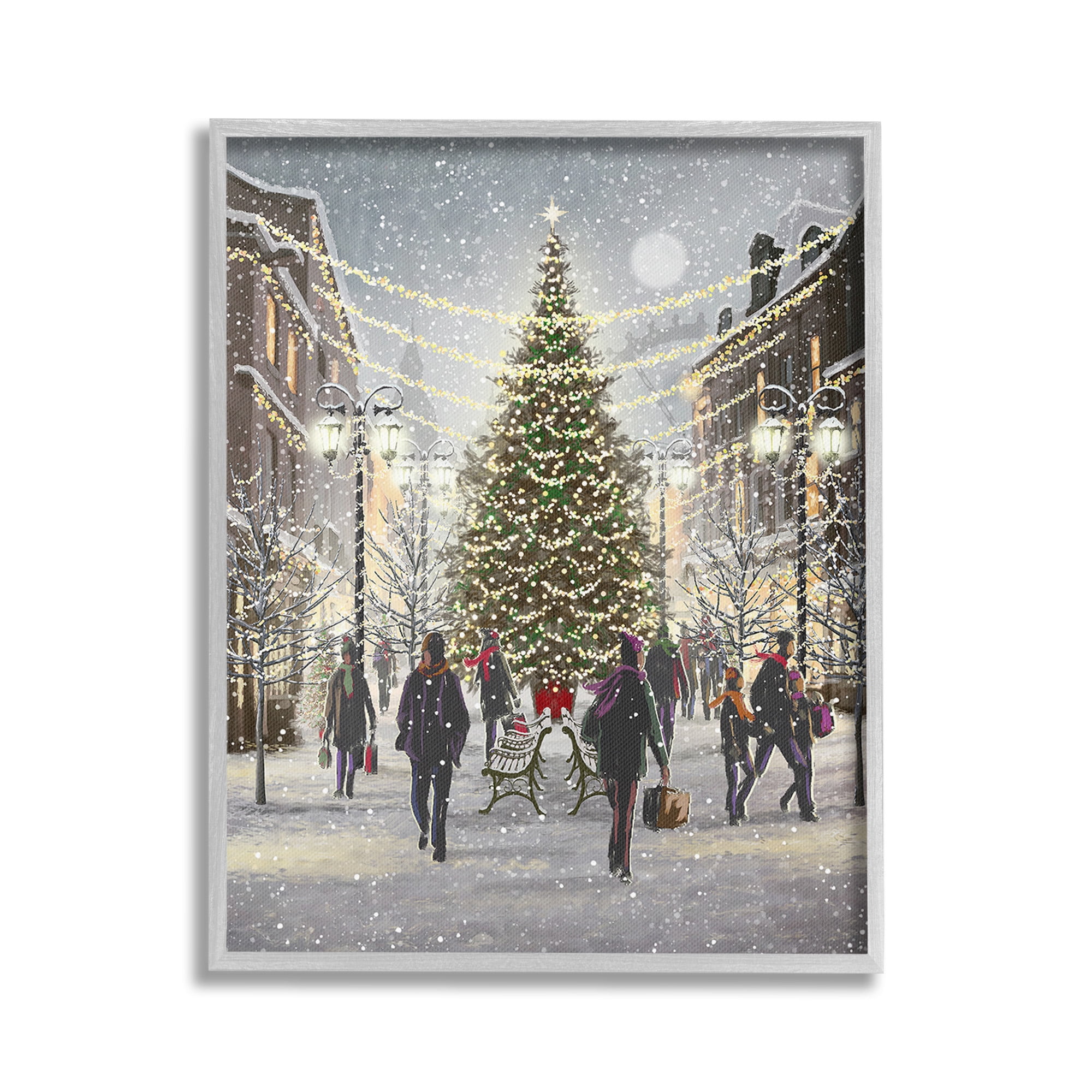 Stupell Industries Town Christmas Tree Holiday Painting Gray Framed Art Print Wall Art, 24 x 30