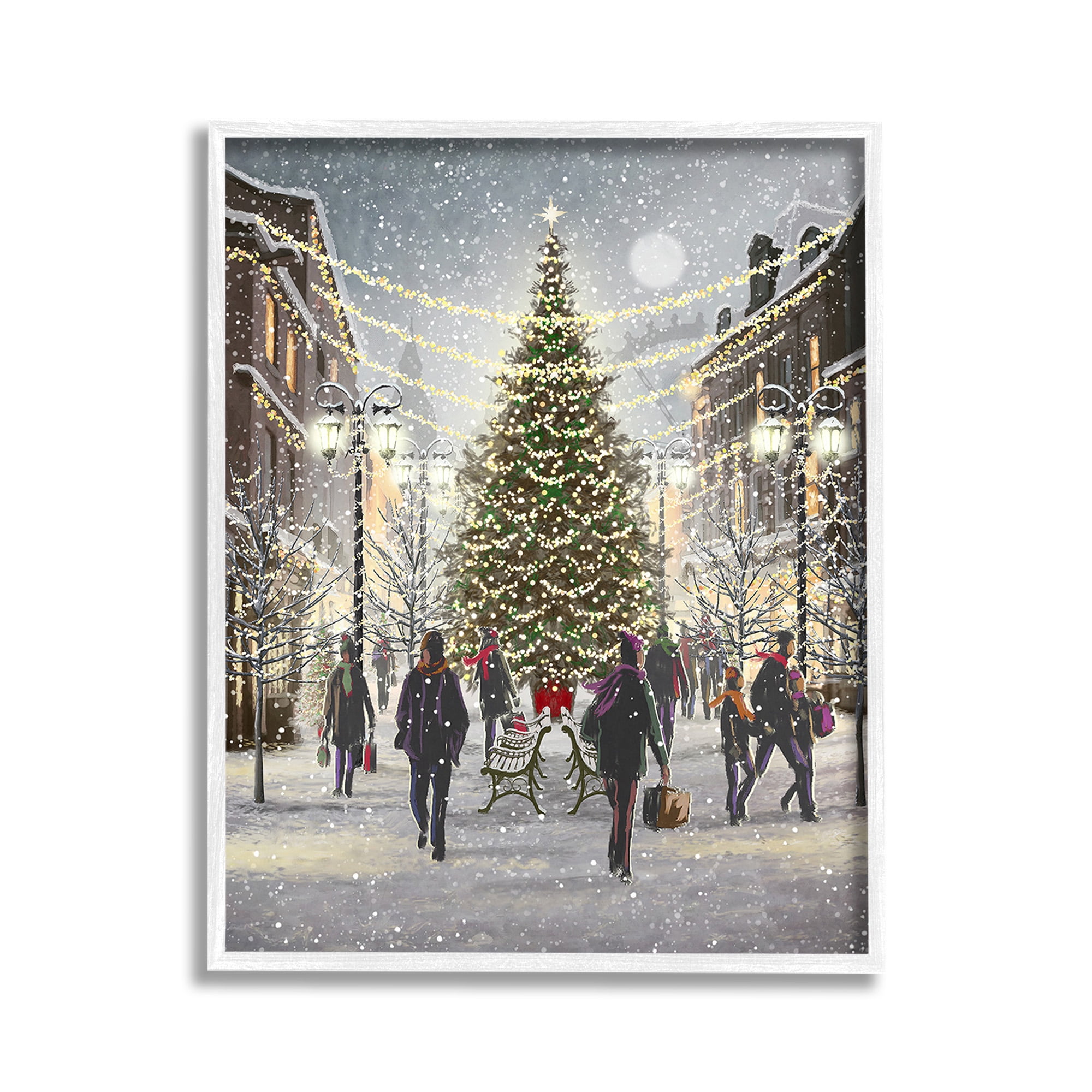 Stupell Industries Town Christmas Tree Holiday Painting White Framed Art Print Wall Art, 11 x 14