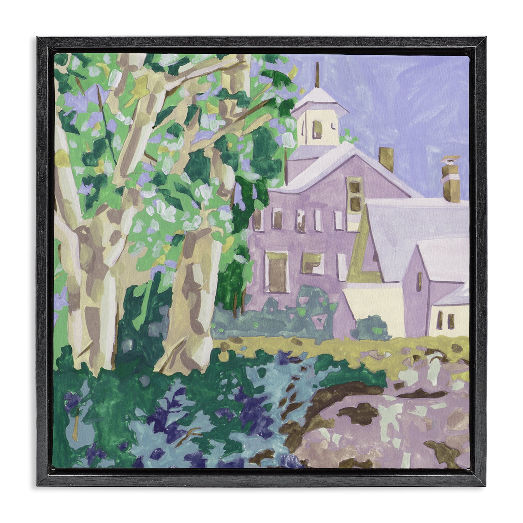 Stupell Industries Town Church Through Trees Buildings & Architecture Painting Black Floater Framed Canvas Art Print Wall Art, 25 x 25