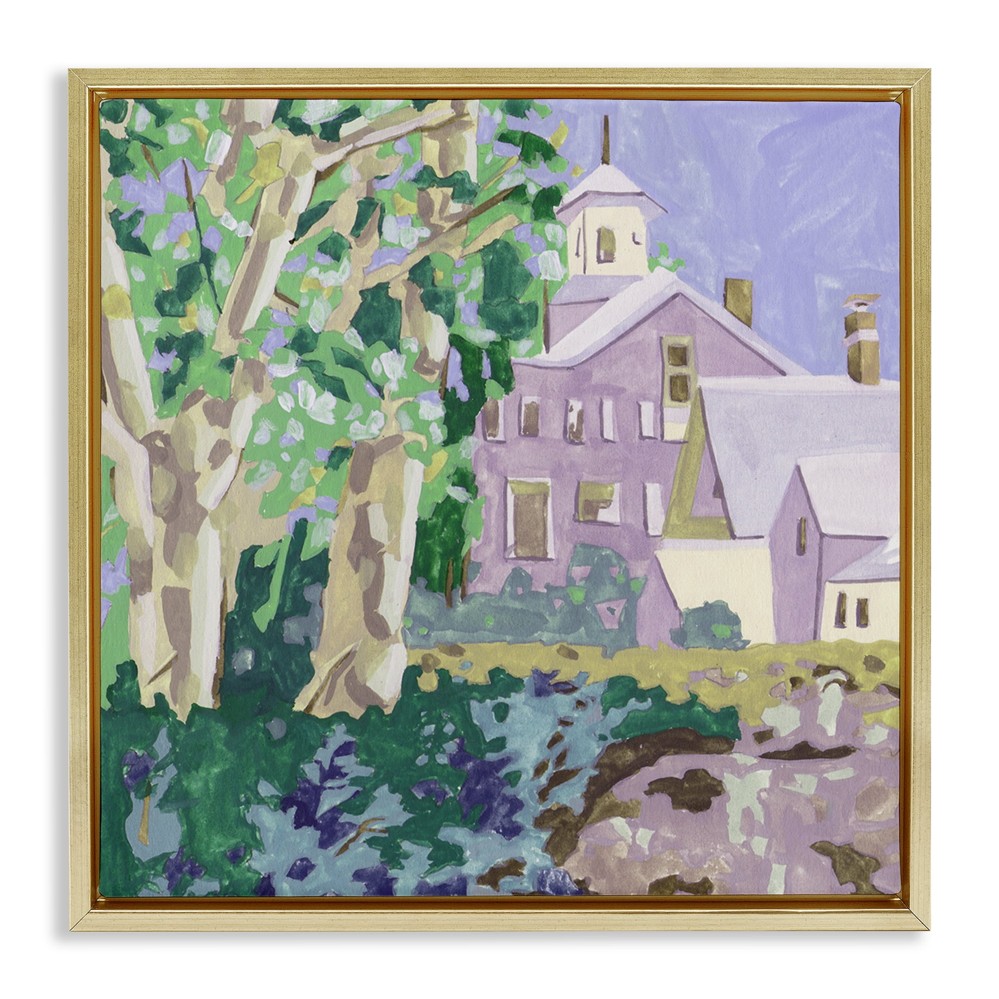 Stupell Industries Town Church Through Trees Buildings & Architecture Painting Gold Floater Framed Canvas Art Print Wall Art, 25 x 25