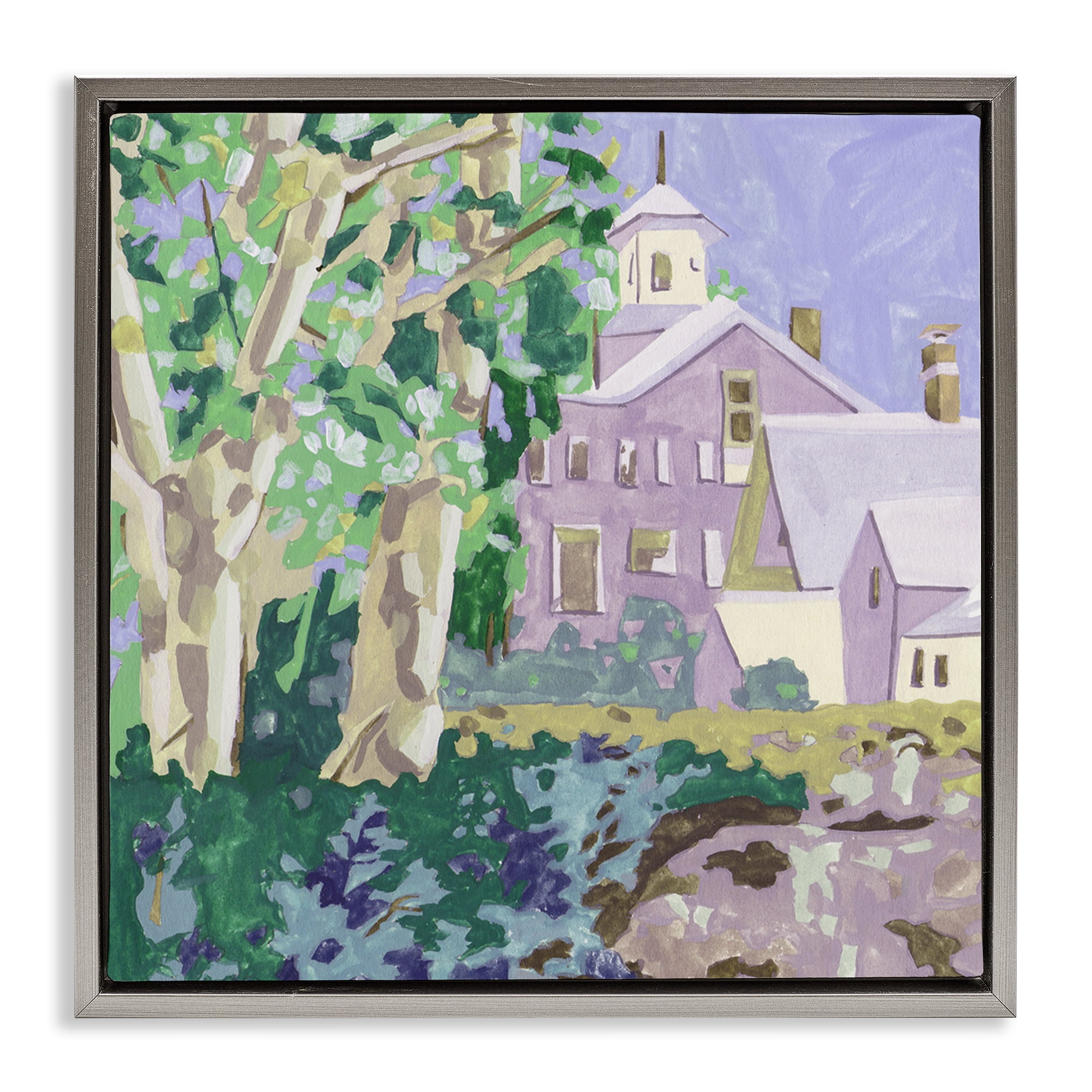 Stupell Industries Town Church Through Trees Buildings & Architecture Painting Gray Floater Framed Canvas Art Print Wall Art, 18 x 18