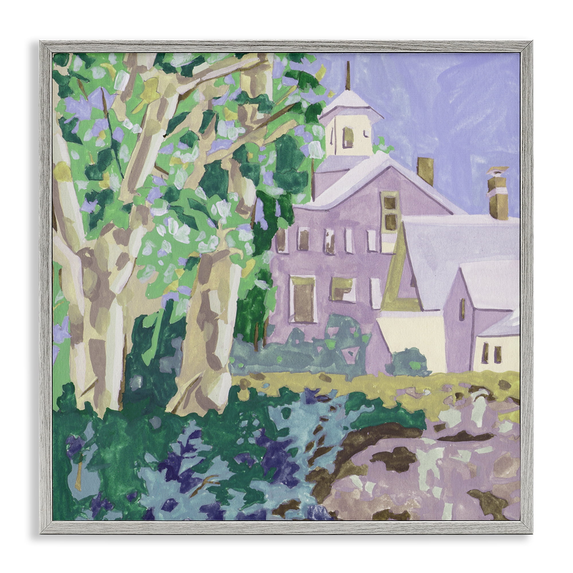 Stupell Industries Town Church Through Trees Buildings & Architecture Painting Gray Framed Art Print Wall Art, 24 x 24
