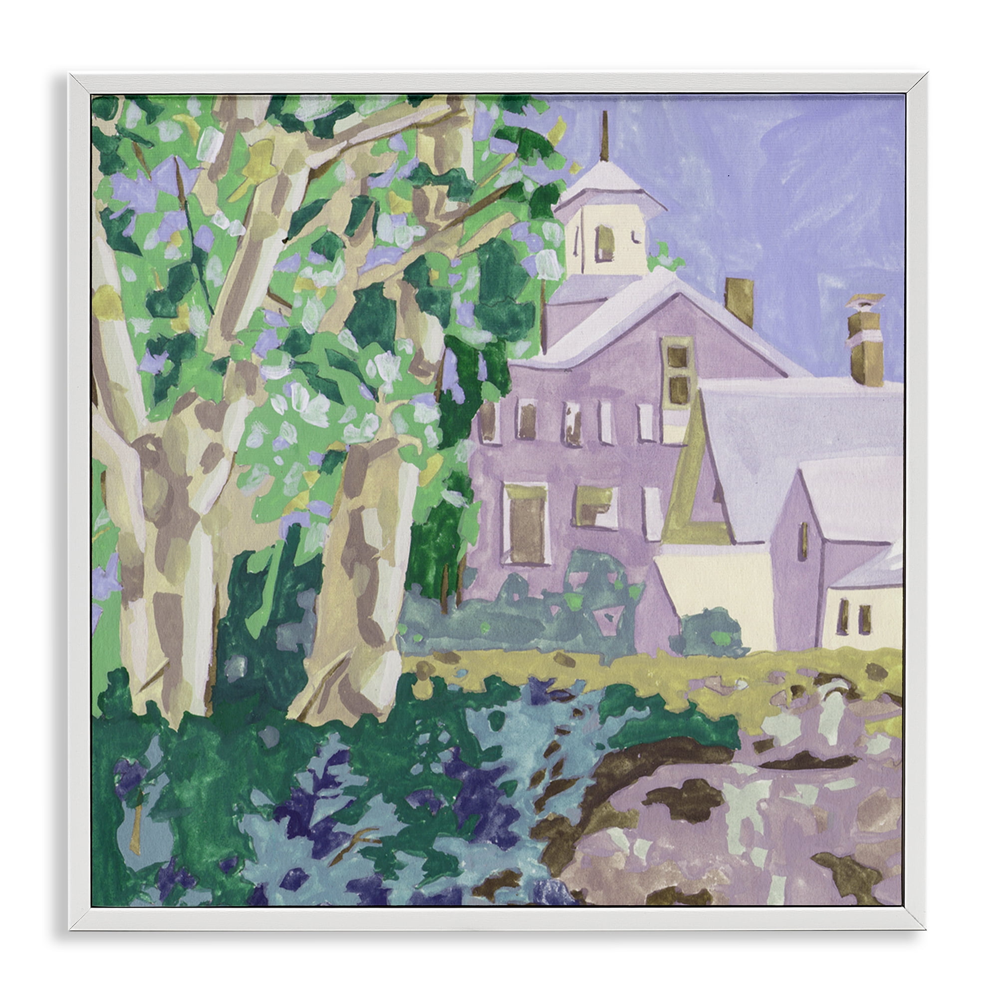 Stupell Industries Town Church Through Trees Buildings & Architecture Painting White Framed Art Print Wall Art, 17 x 17