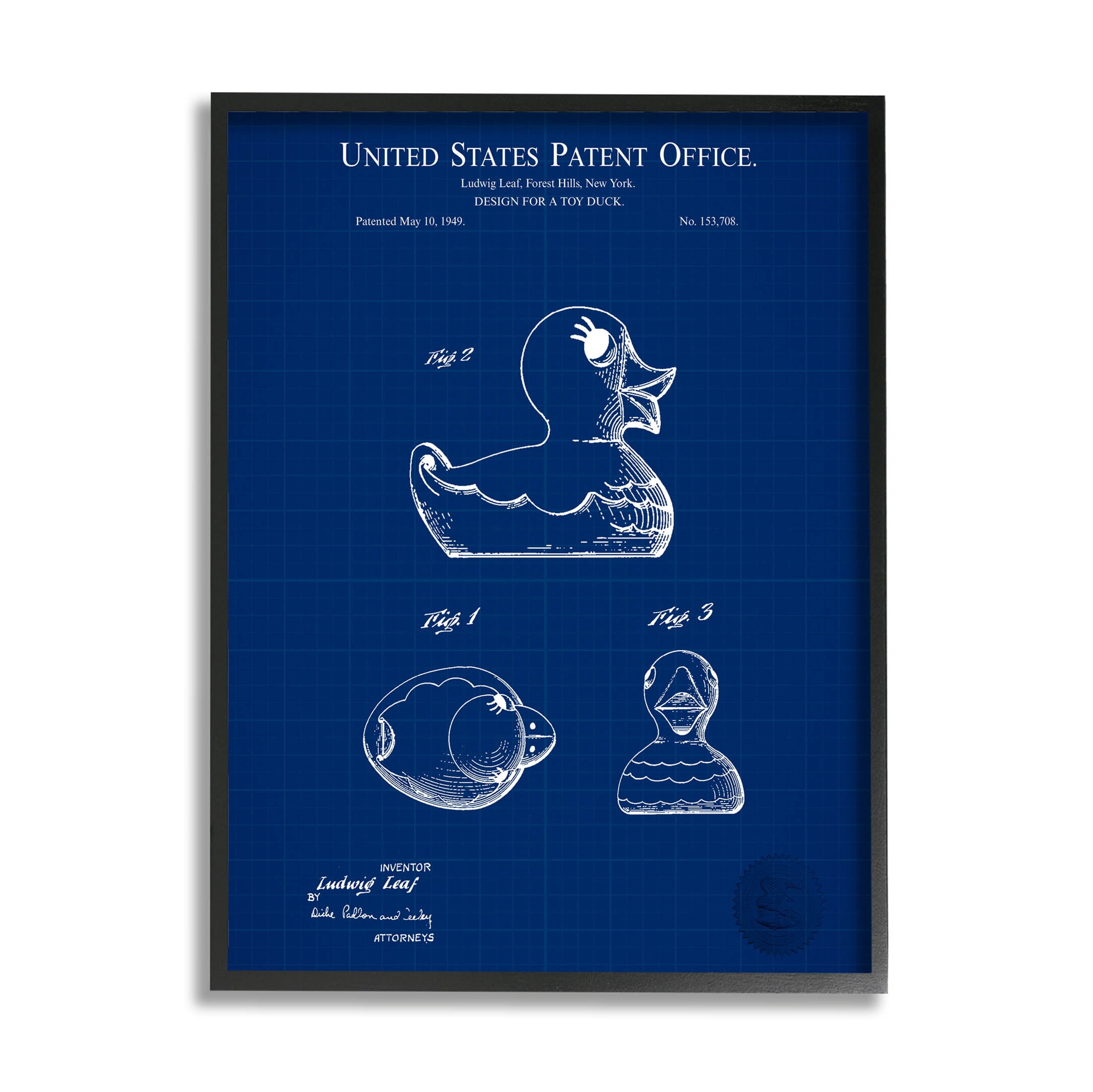 Stupell Industries Toy Duck Blueprint Patent Graphic Art Black Framed Art Print Wall Art, Design by Karl Hronek