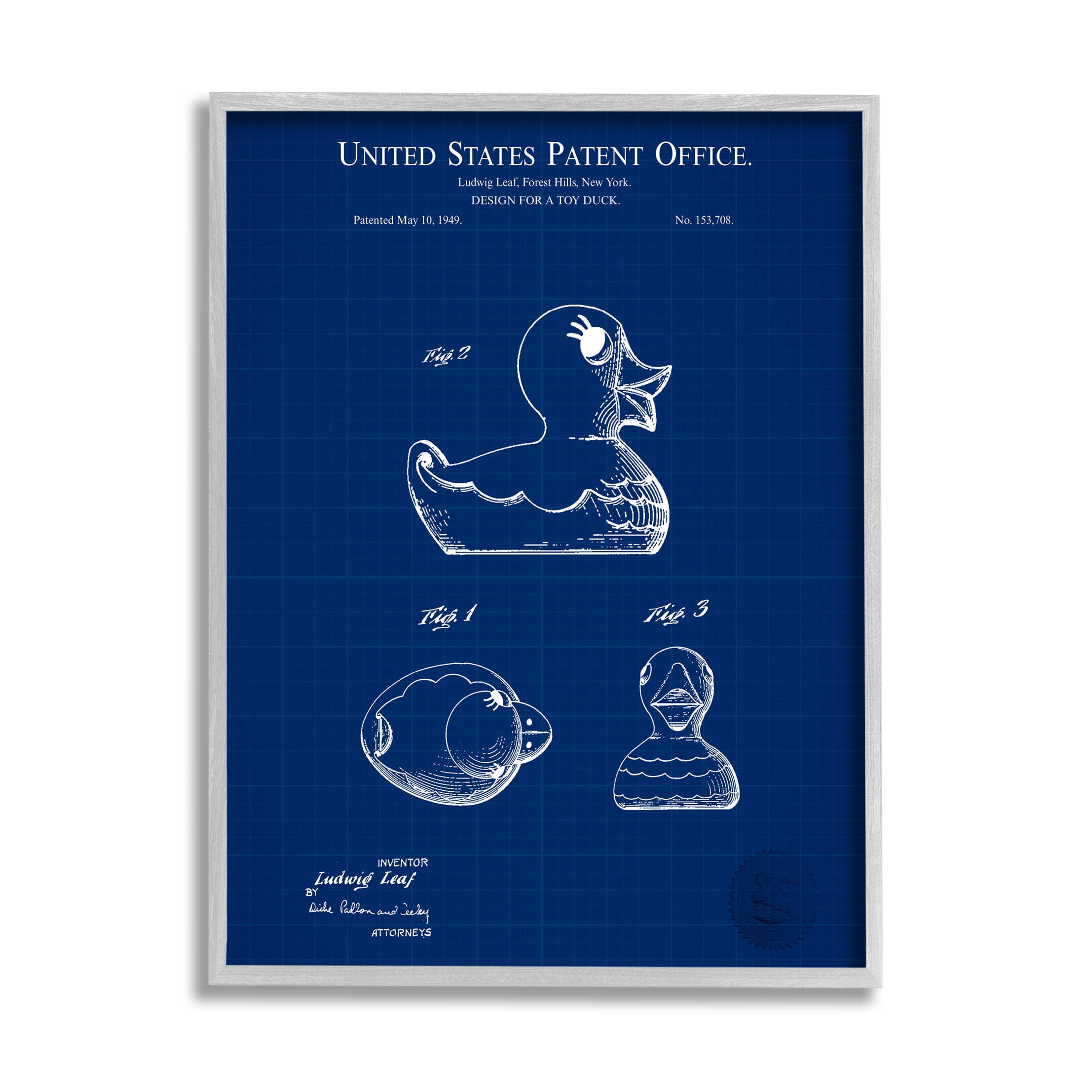 Stupell Industries Toy Duck Blueprint Patent Graphic Art Gray Framed Art Print Wall Art, Design by Karl Hronek