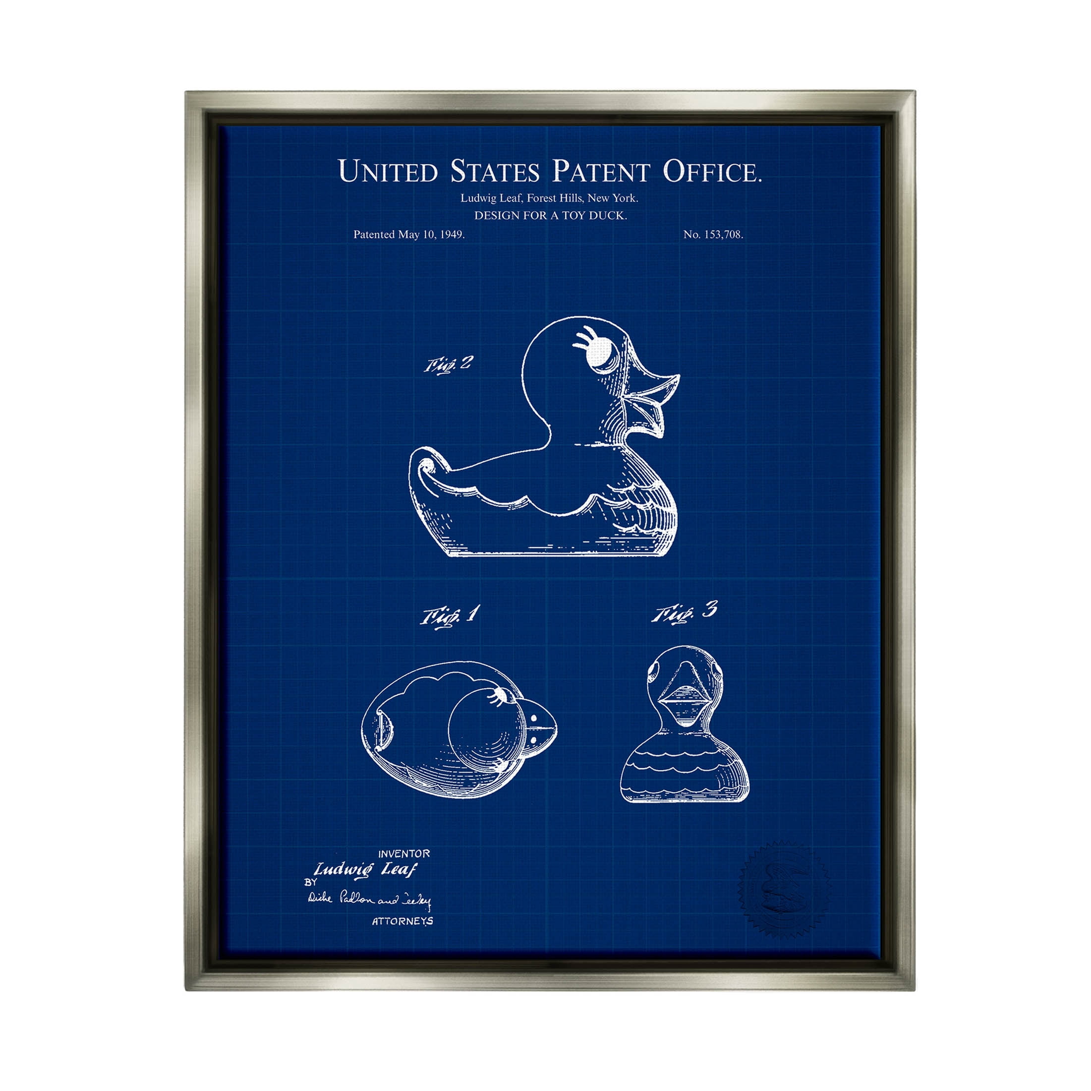 Stupell Industries Toy Duck Blueprint Patent Graphic Art Luster Gray Floating Framed Canvas Print Wall Art, Design by Karl Hronek