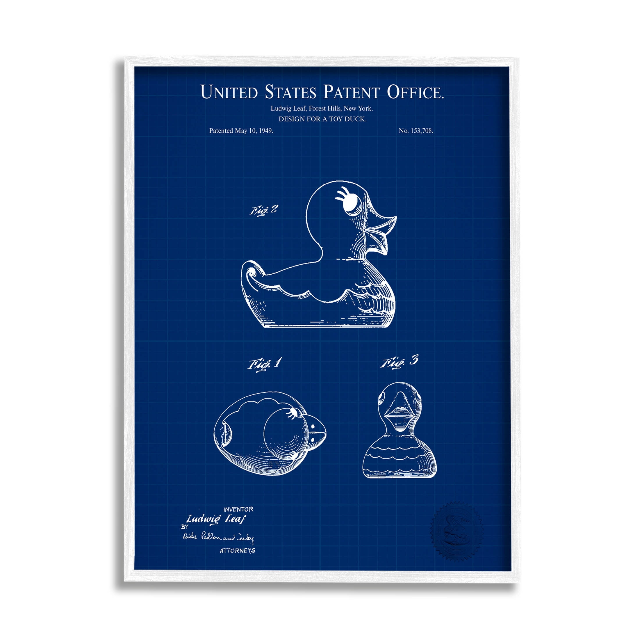 Stupell Industries Toy Duck Blueprint Patent Graphic Art White Framed Art Print Wall Art, Design by Karl Hronek